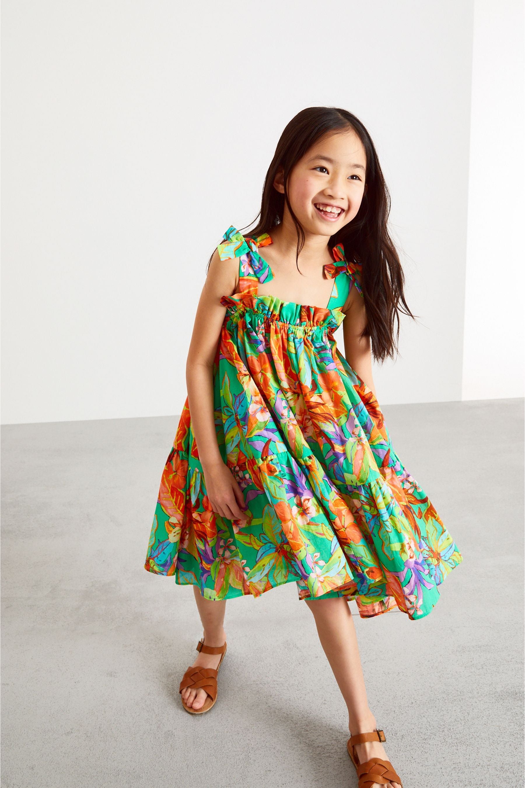 Green Tropical Tie Shoulder Dress (3-16yrs)