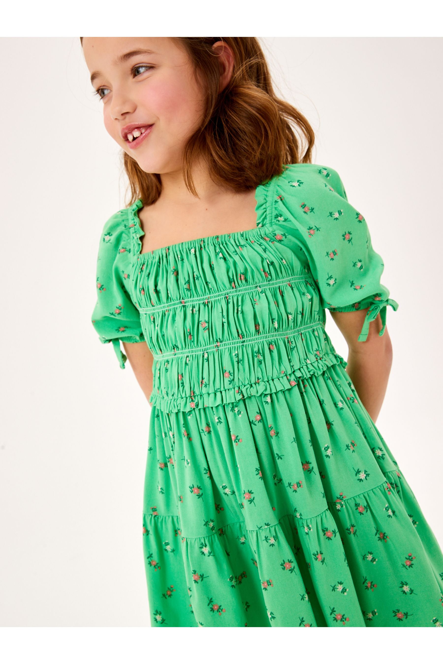 Green Ditsy Printed Shirred Dress (3-12yrs)