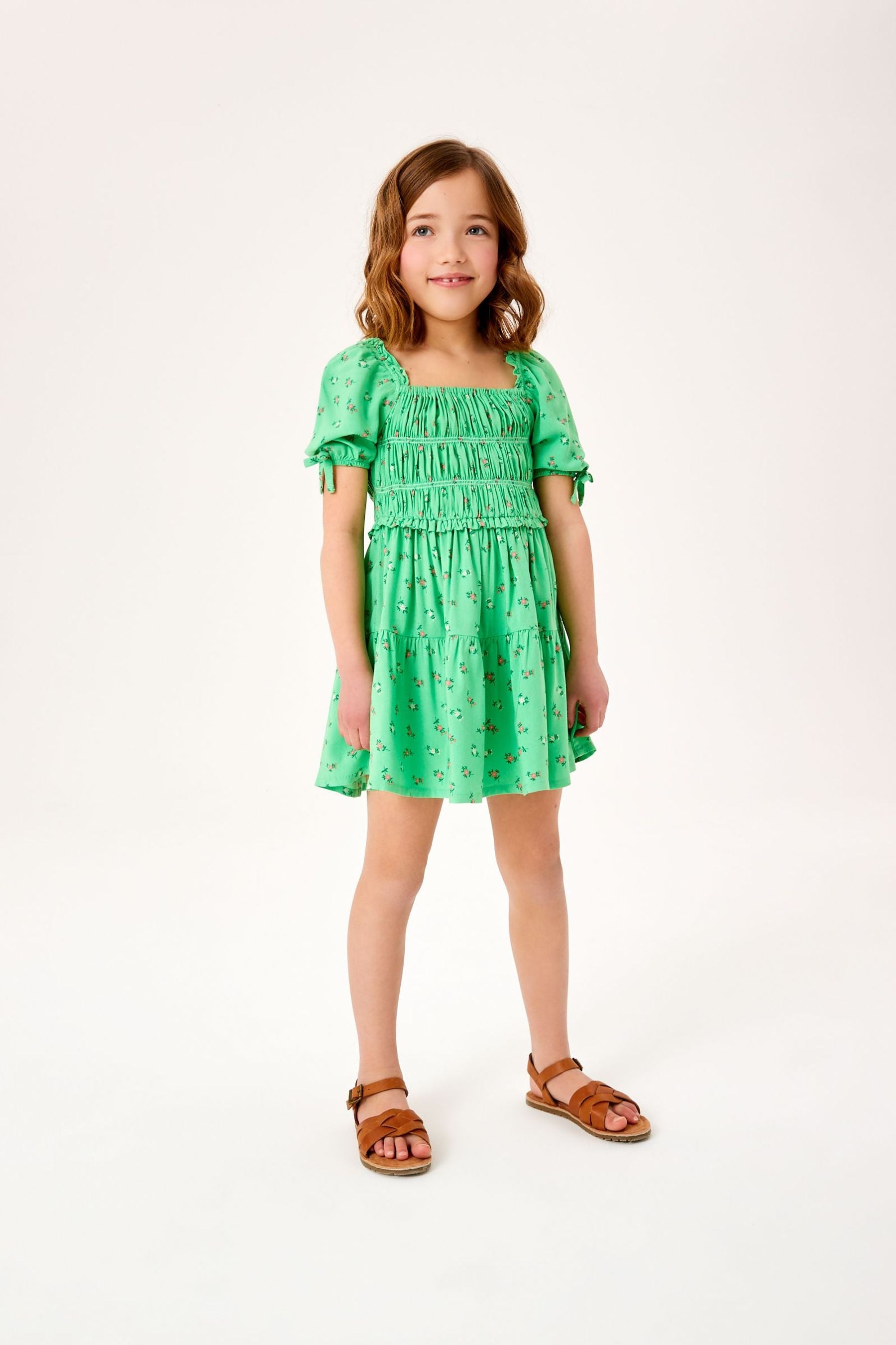 Green Ditsy Printed Shirred Dress (3-12yrs)