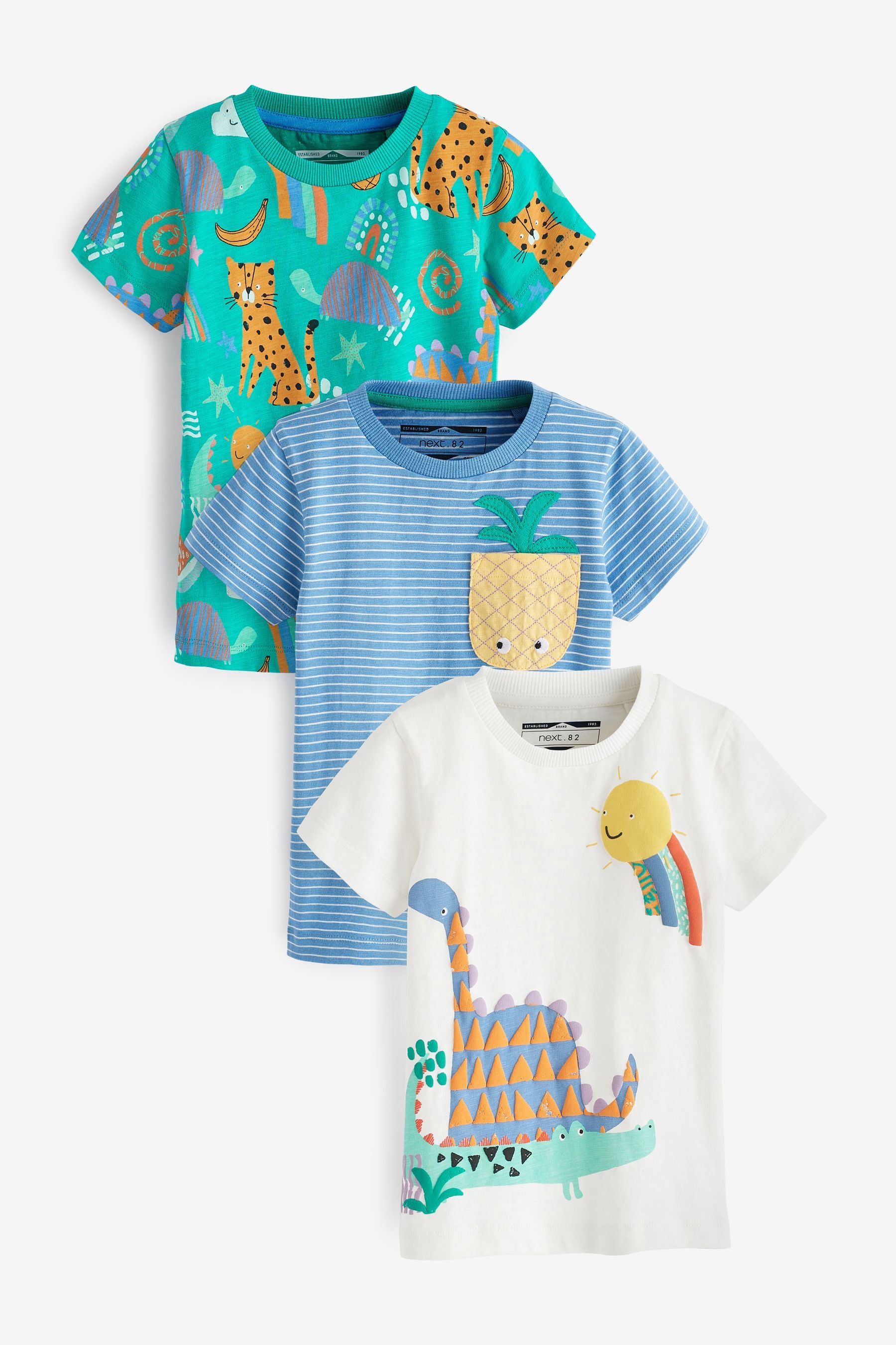 Green/Blue Dinosaur / Leopard Multi Print 3 Pack Short Sleeve T-Shirt (3mths-7yrs)