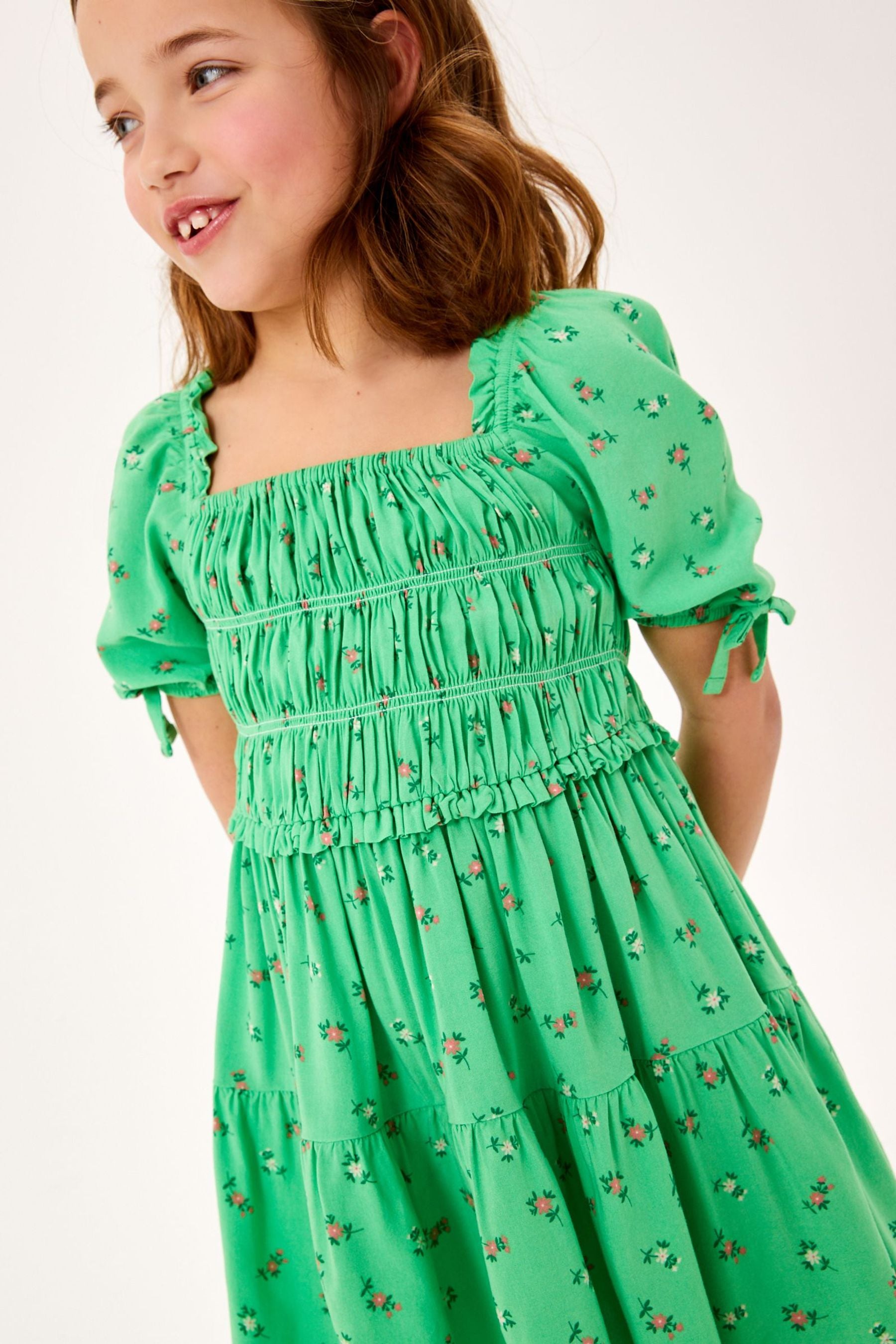 Green Ditsy Printed Shirred Dress (3-12yrs)