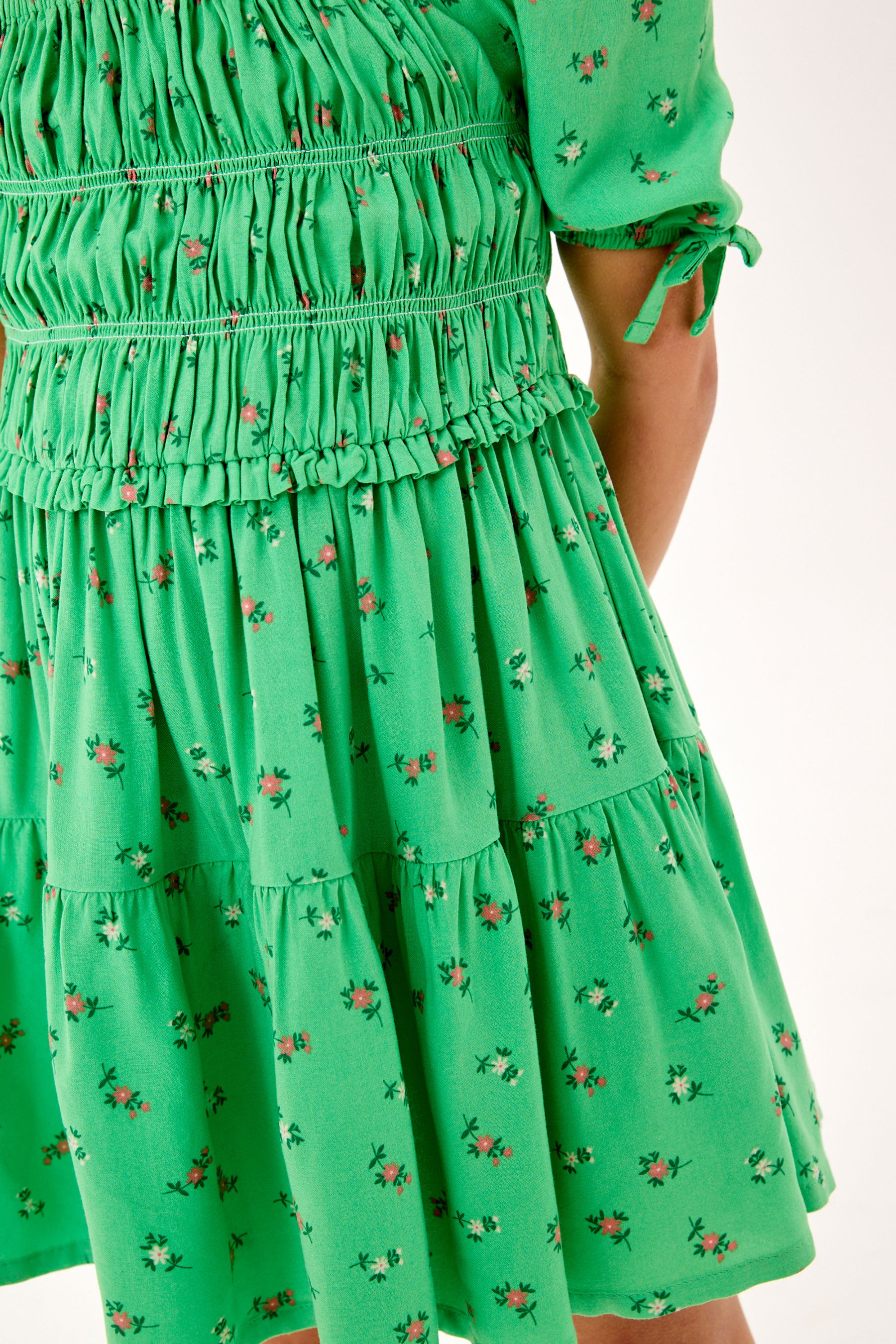 Green Ditsy Printed Shirred Dress (3-12yrs)