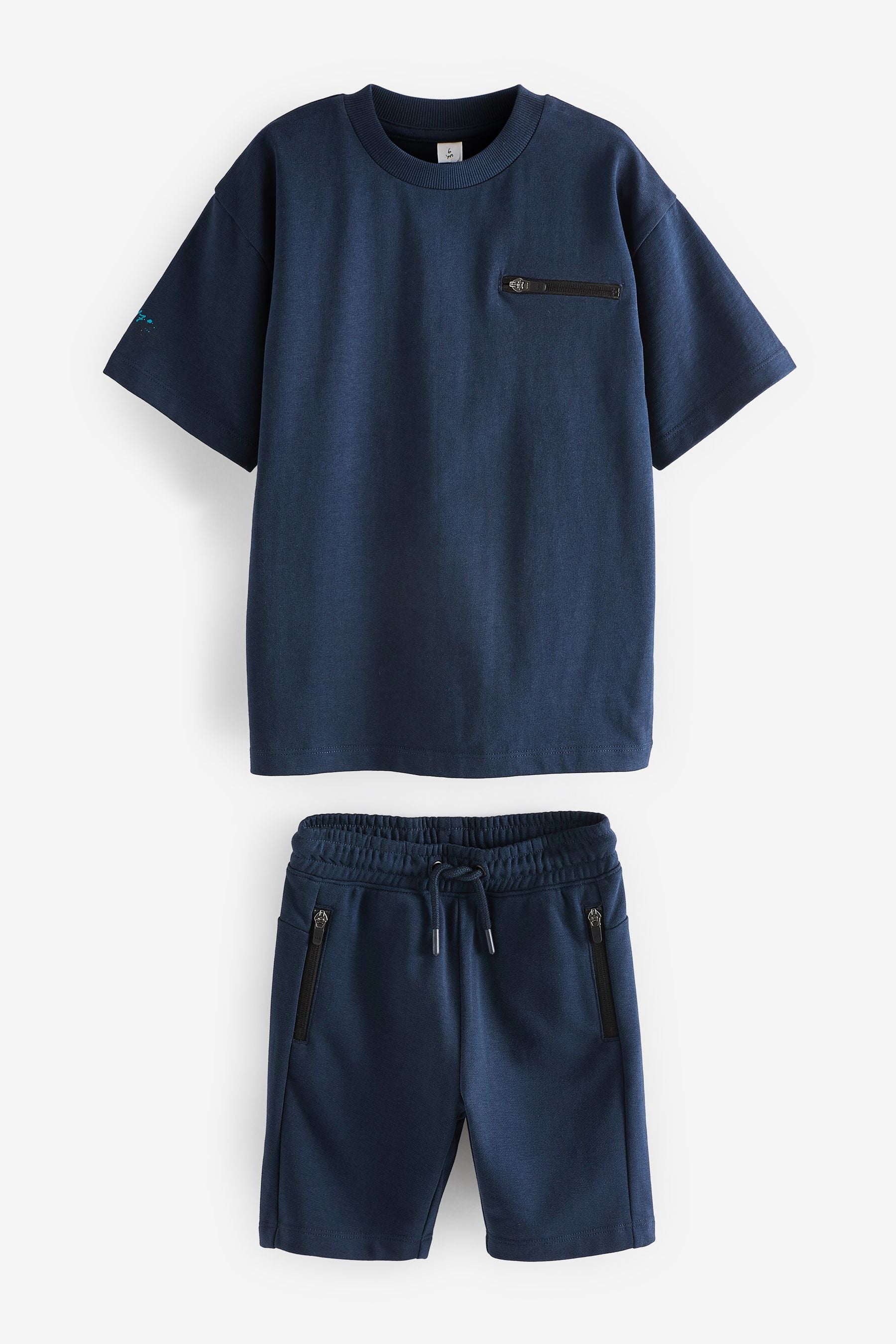 Navy Blue Zip Pocket T-Shirt And Shorts Set (3-16yrs)