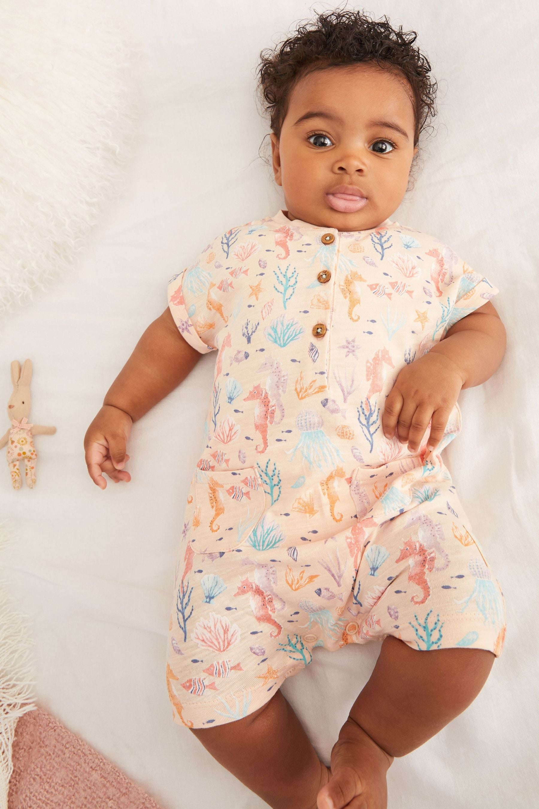 Pink FatFace Baby Crew Pink Seahorse Romper