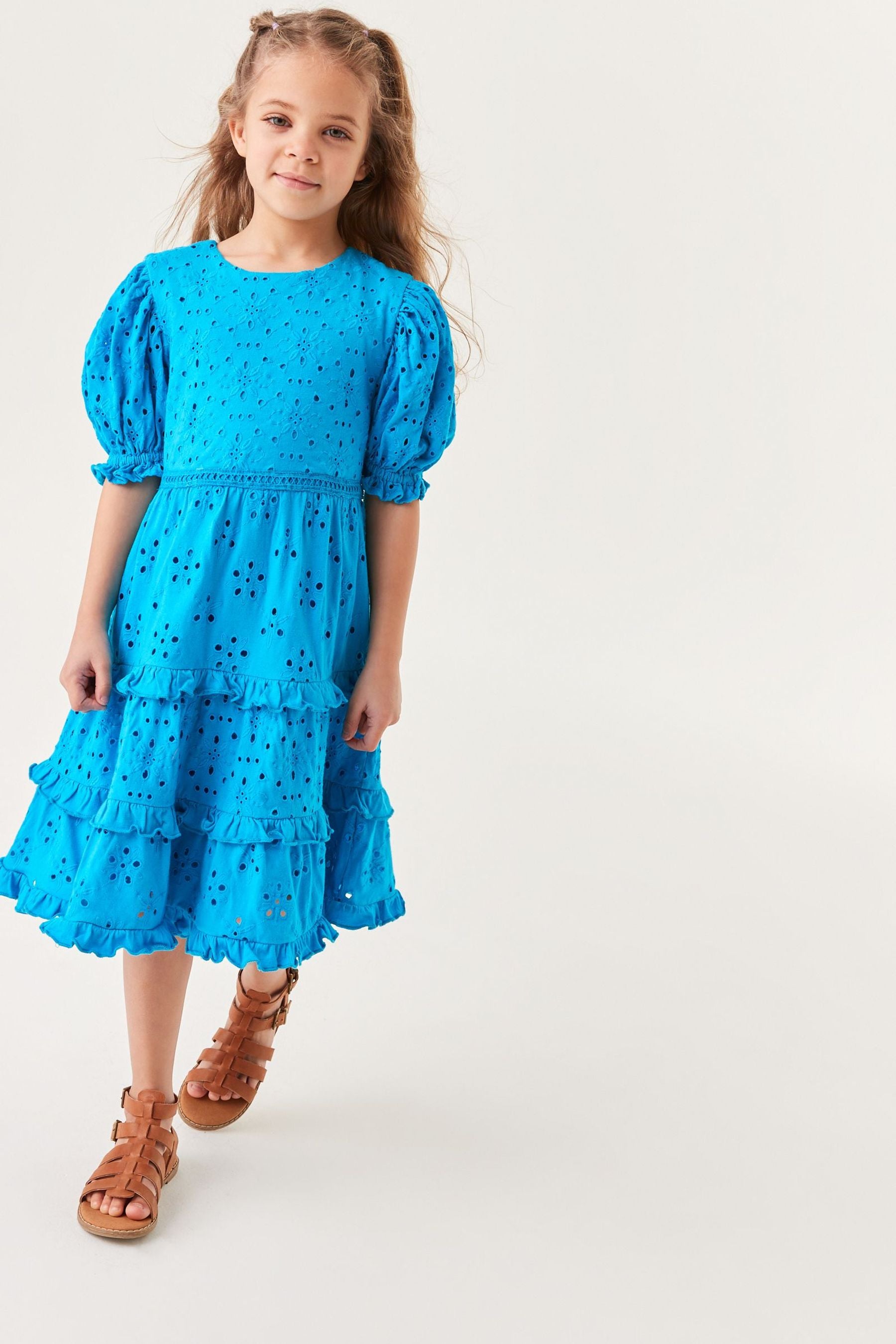 Blue Frill Broderie Detail Dress (3-16yrs)