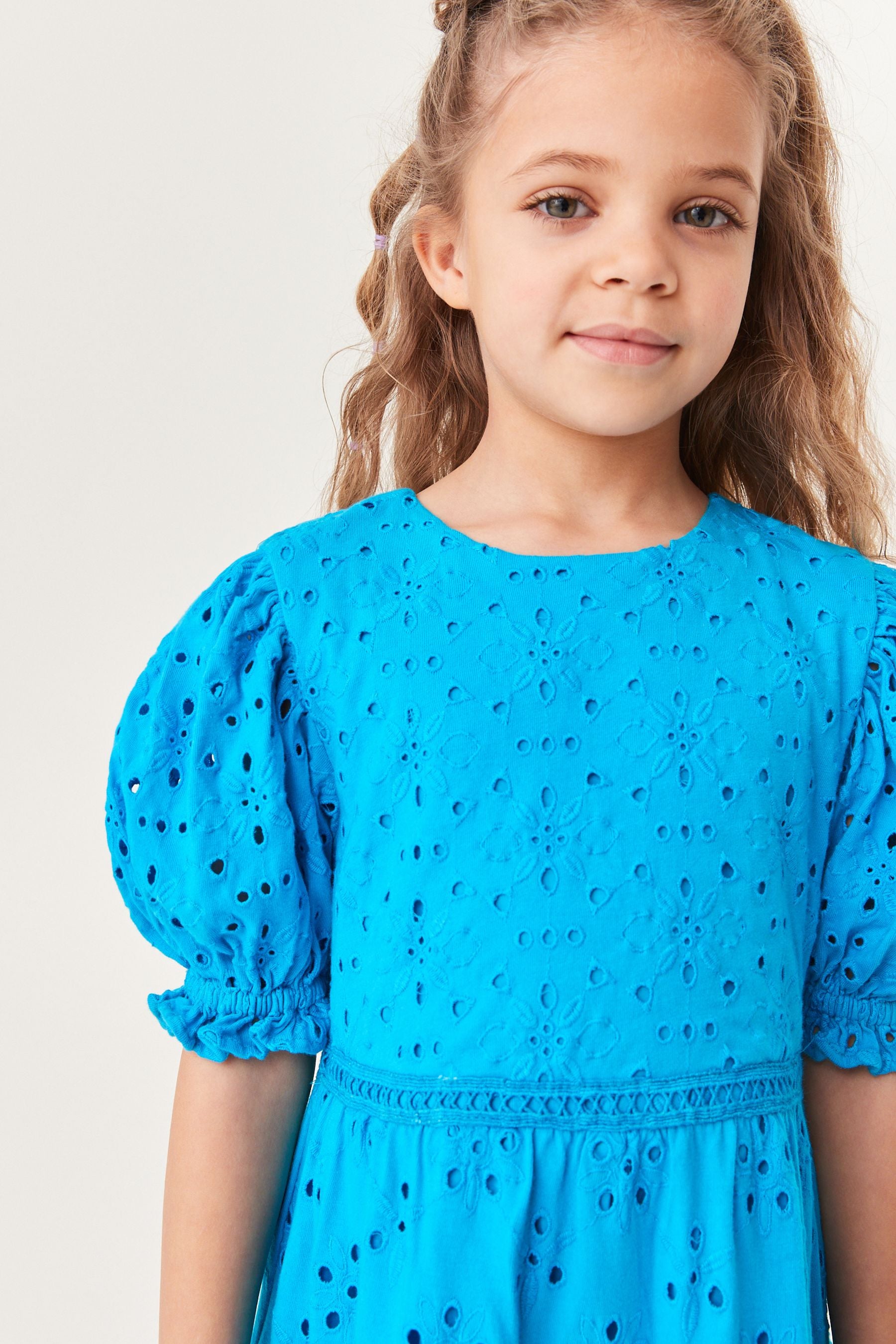 Blue Frill Broderie Detail Dress (3-16yrs)