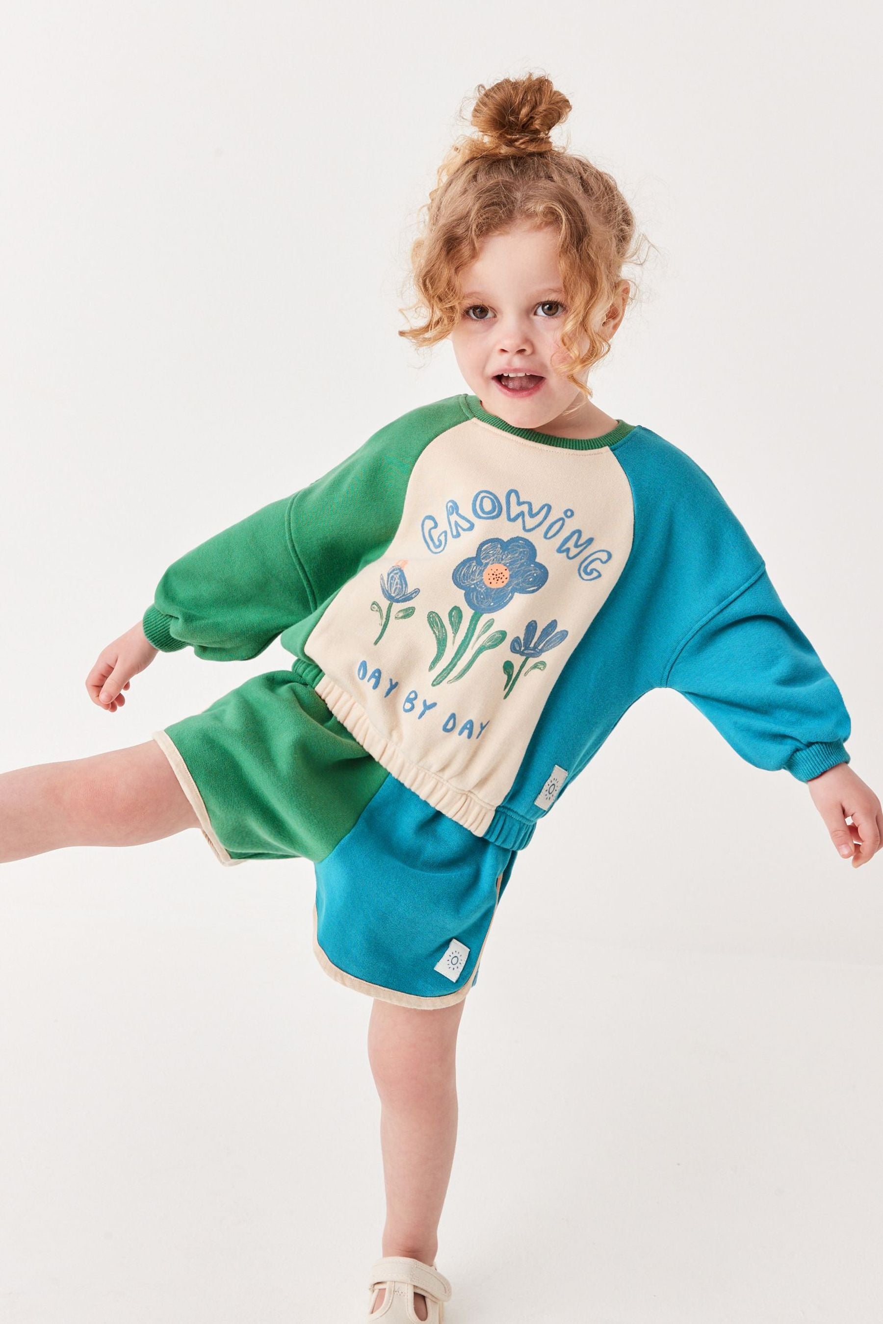 Green/Blue/Cream Growing Flower Colourblock Crew Jumper And Shorts Set (3mths-7yrs)