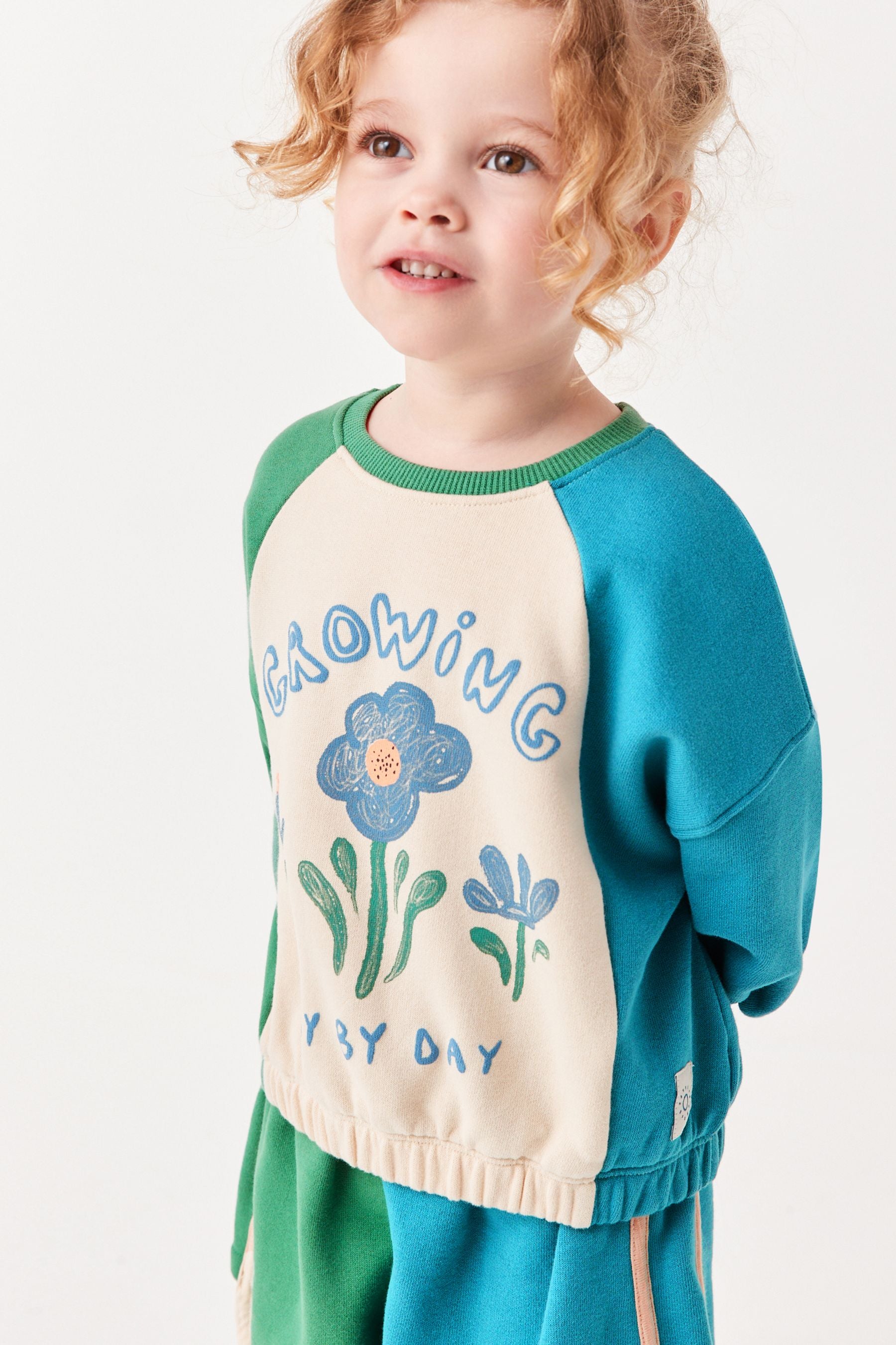 Green/Blue/Cream Growing Flower Colourblock Crew Jumper And Shorts Set (3mths-7yrs)