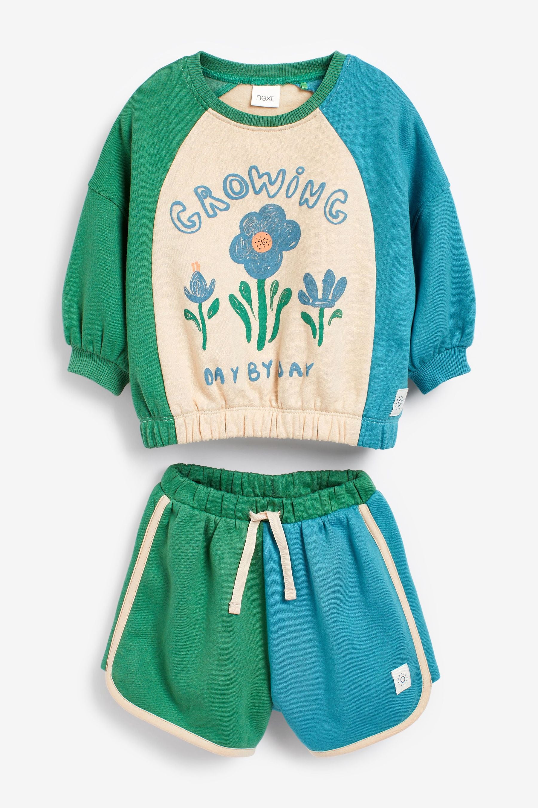 Green/Blue/Cream Growing Flower Colourblock Crew Jumper And Shorts Set (3mths-7yrs)