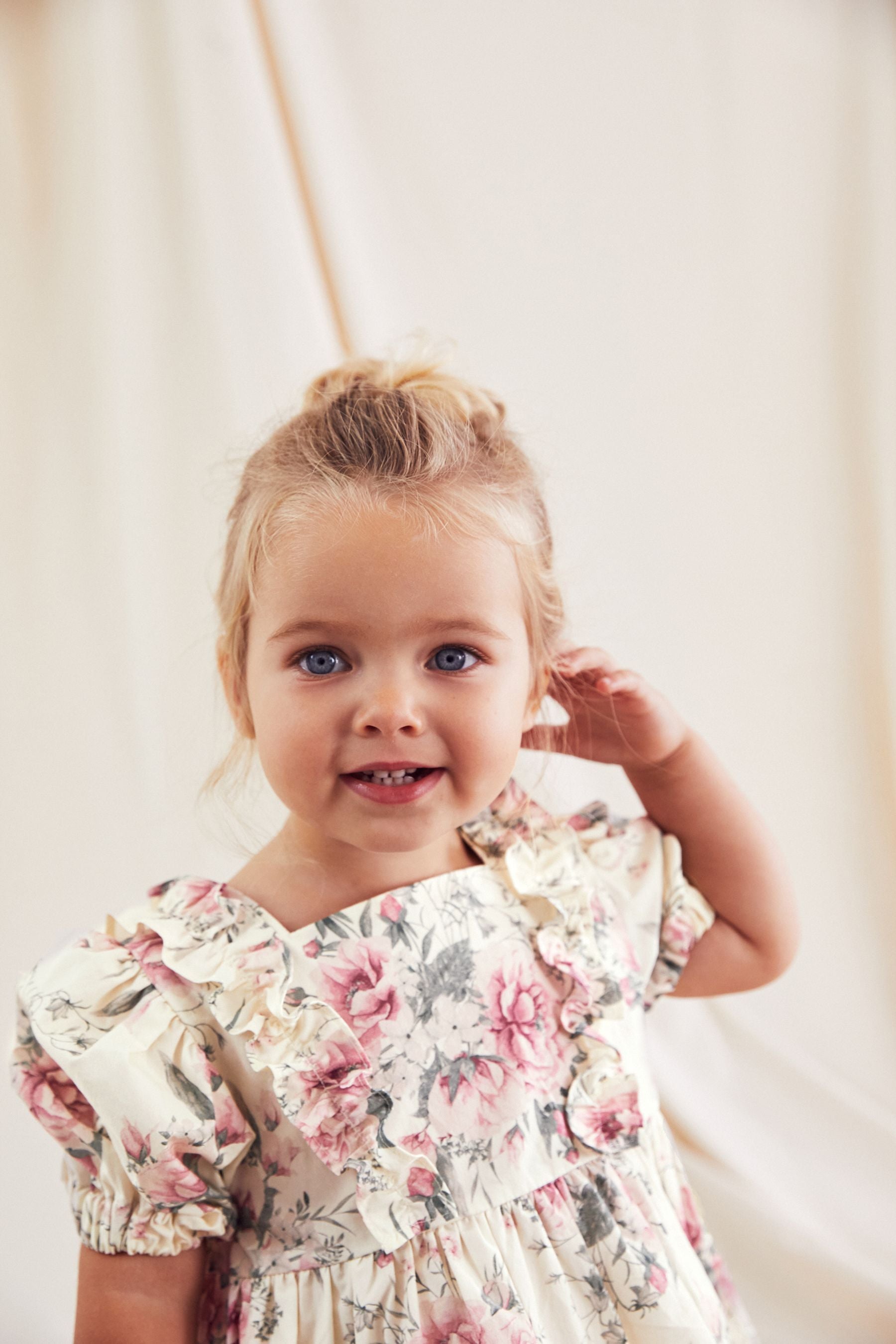 Pink Rose Printed Puff Sleeve Dress (3mths-8yrs)