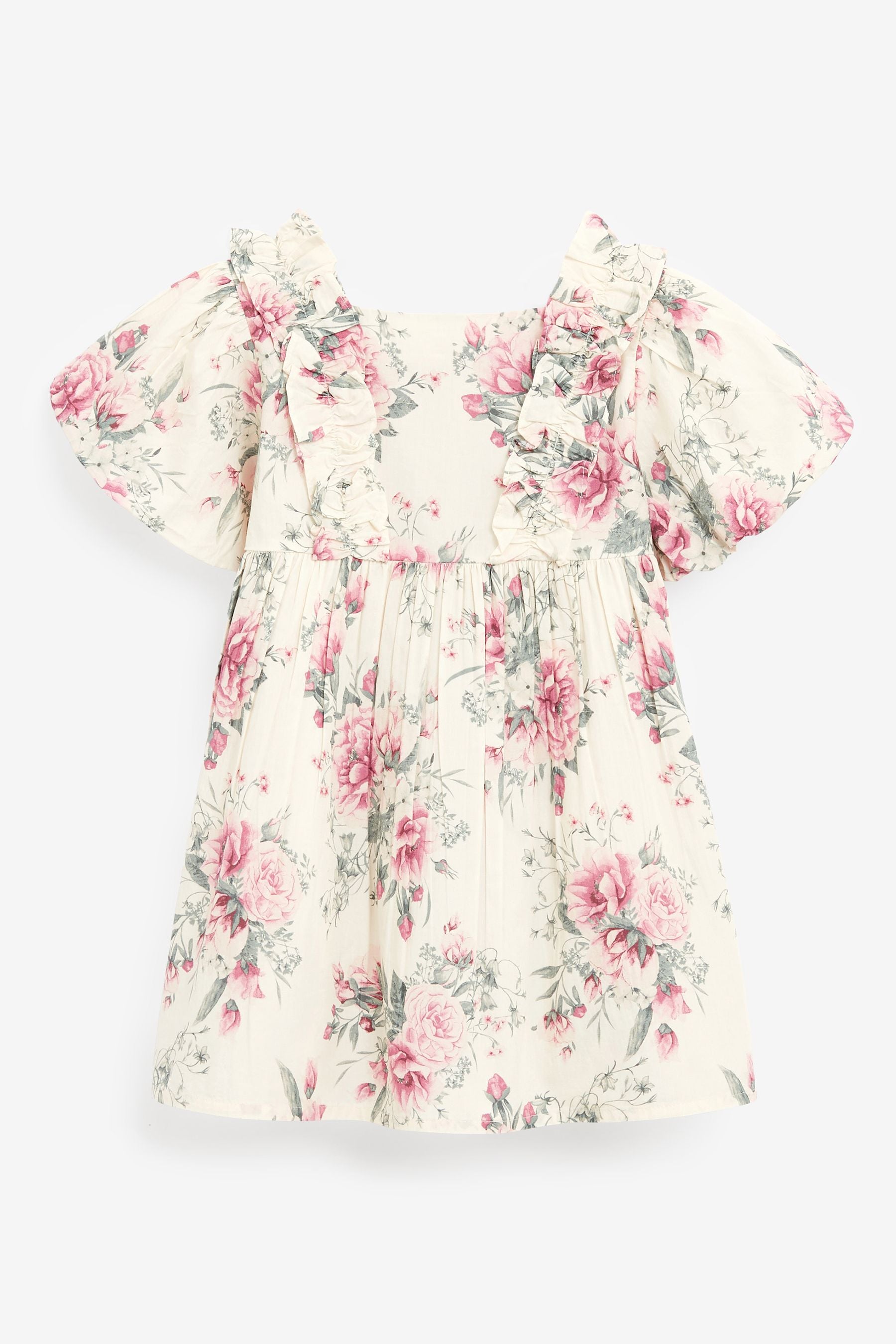 Pink Rose Printed Puff Sleeve Dress (3mths-8yrs)