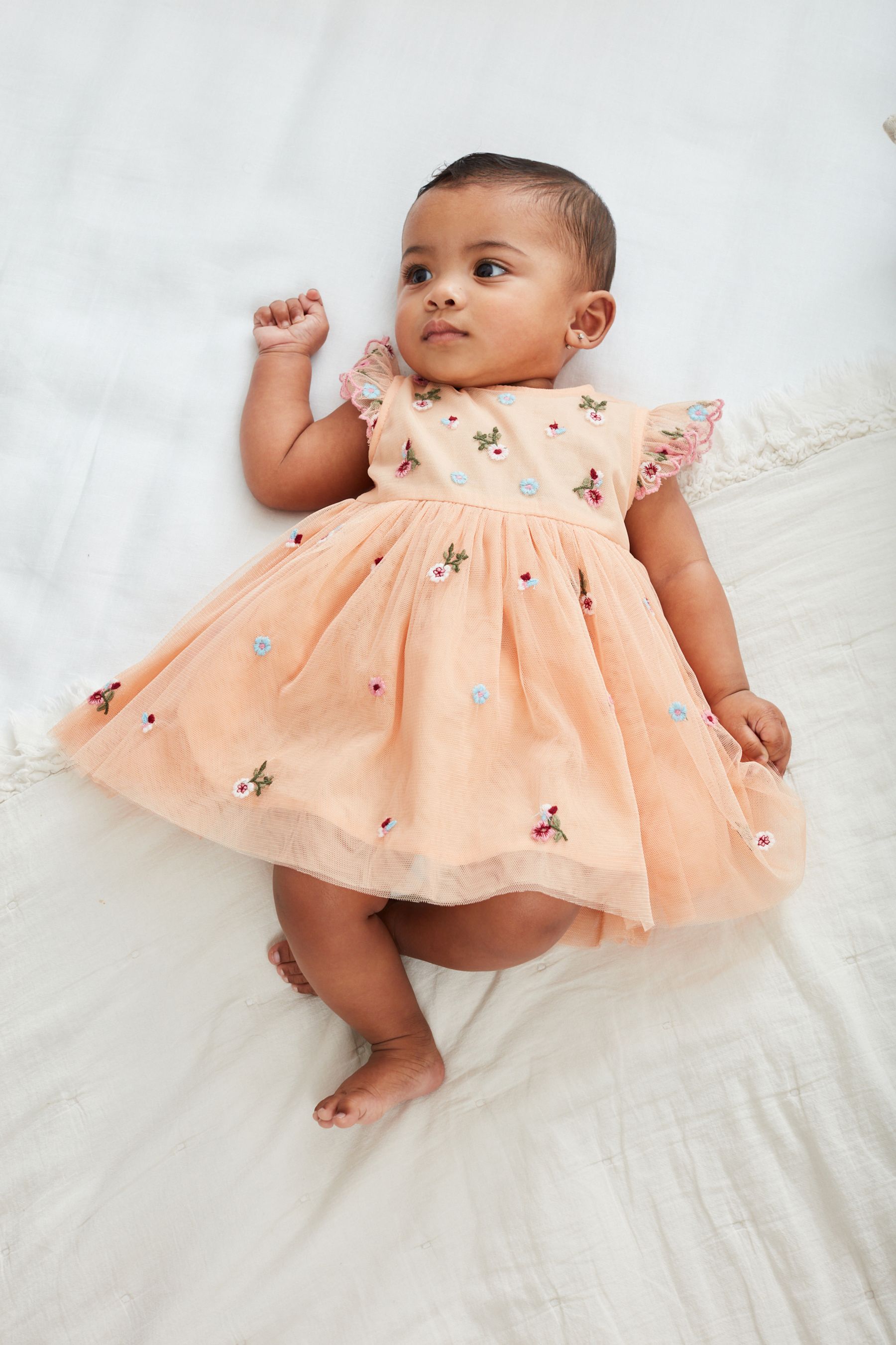 Peach Pink Emroidered Baby Mesh Party Dress