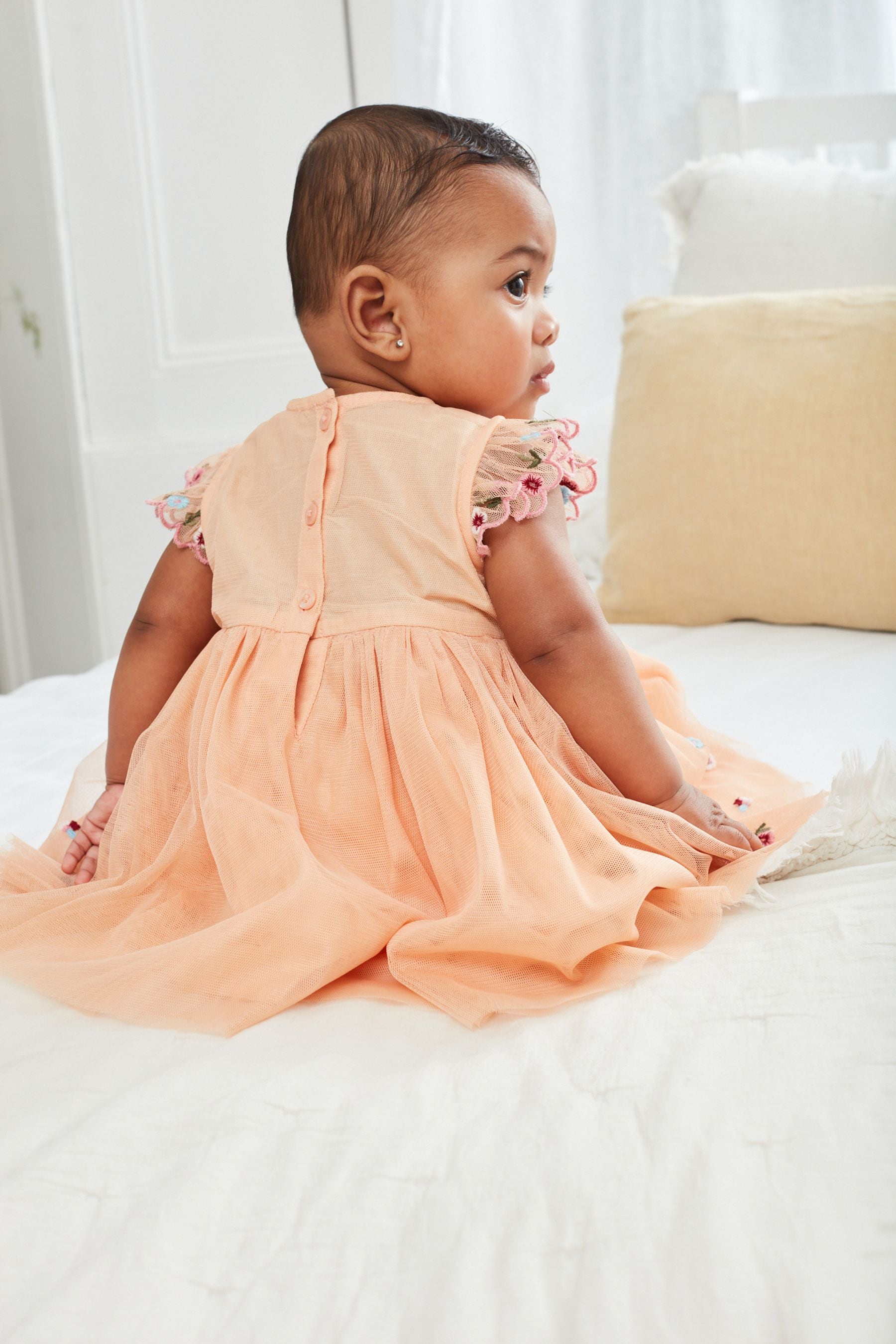 Peach Pink Emroidered Baby Mesh Party Dress