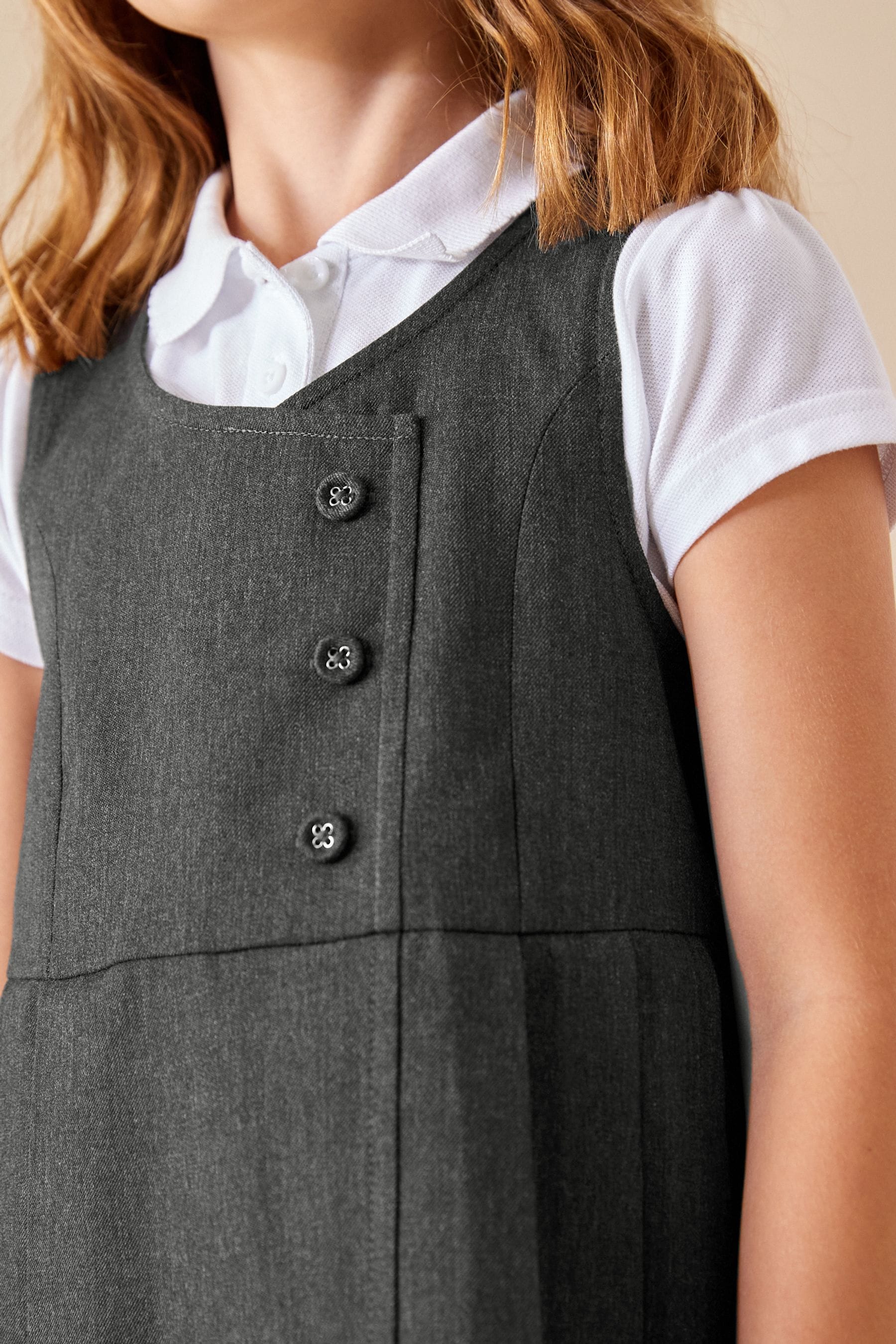 Grey Asymmetric Button Front Pinafore School Dress (3-14yrs)