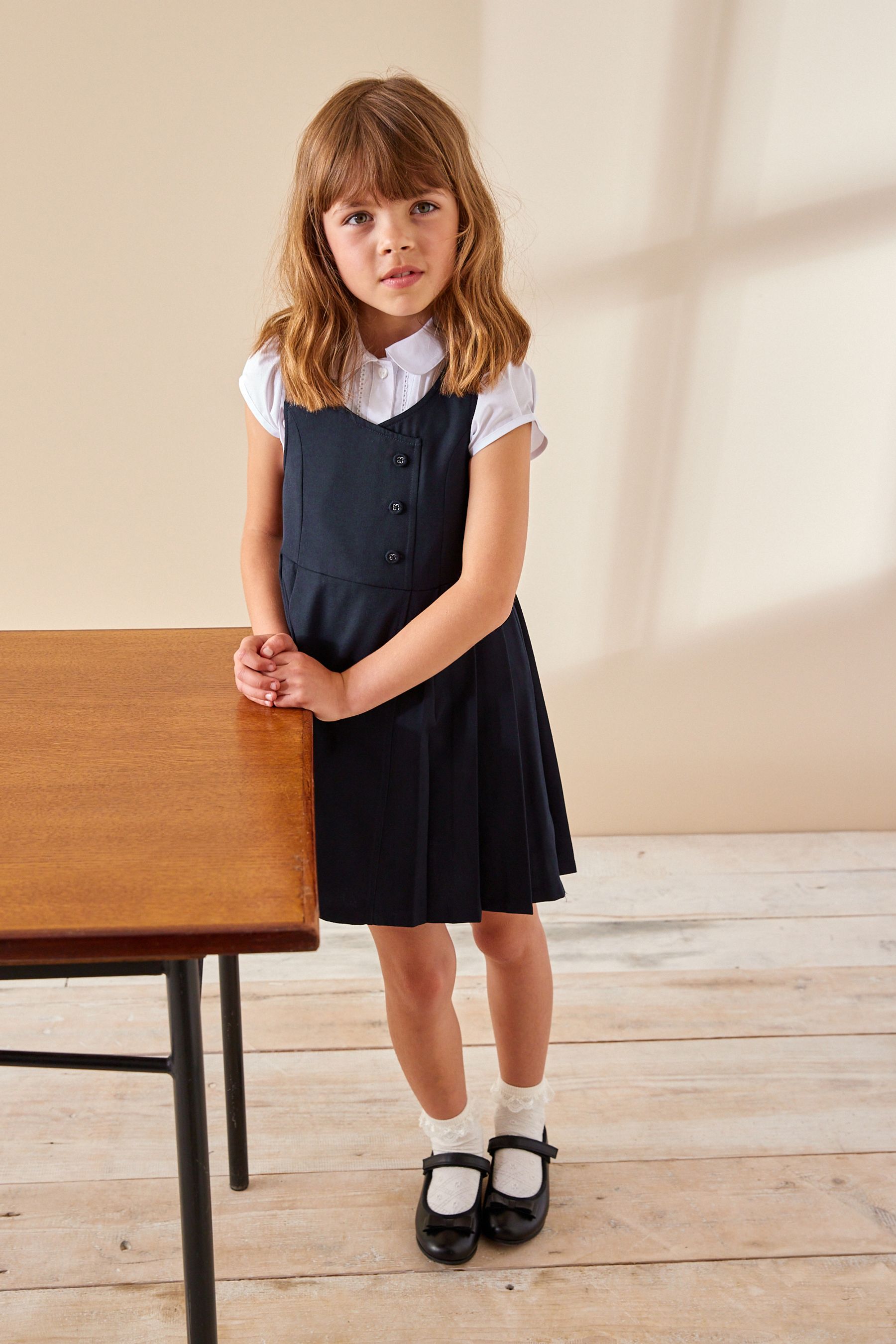 Navy Blue Asymmetric Button Front Pinafore School Dress (3-14yrs)