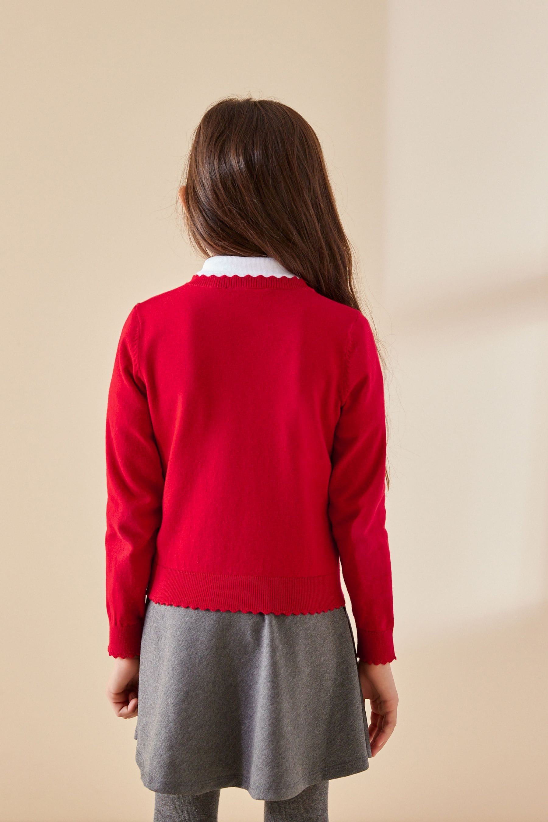 Red Cotton Rich Scalloped Edge School Cardigan (3-16yrs)