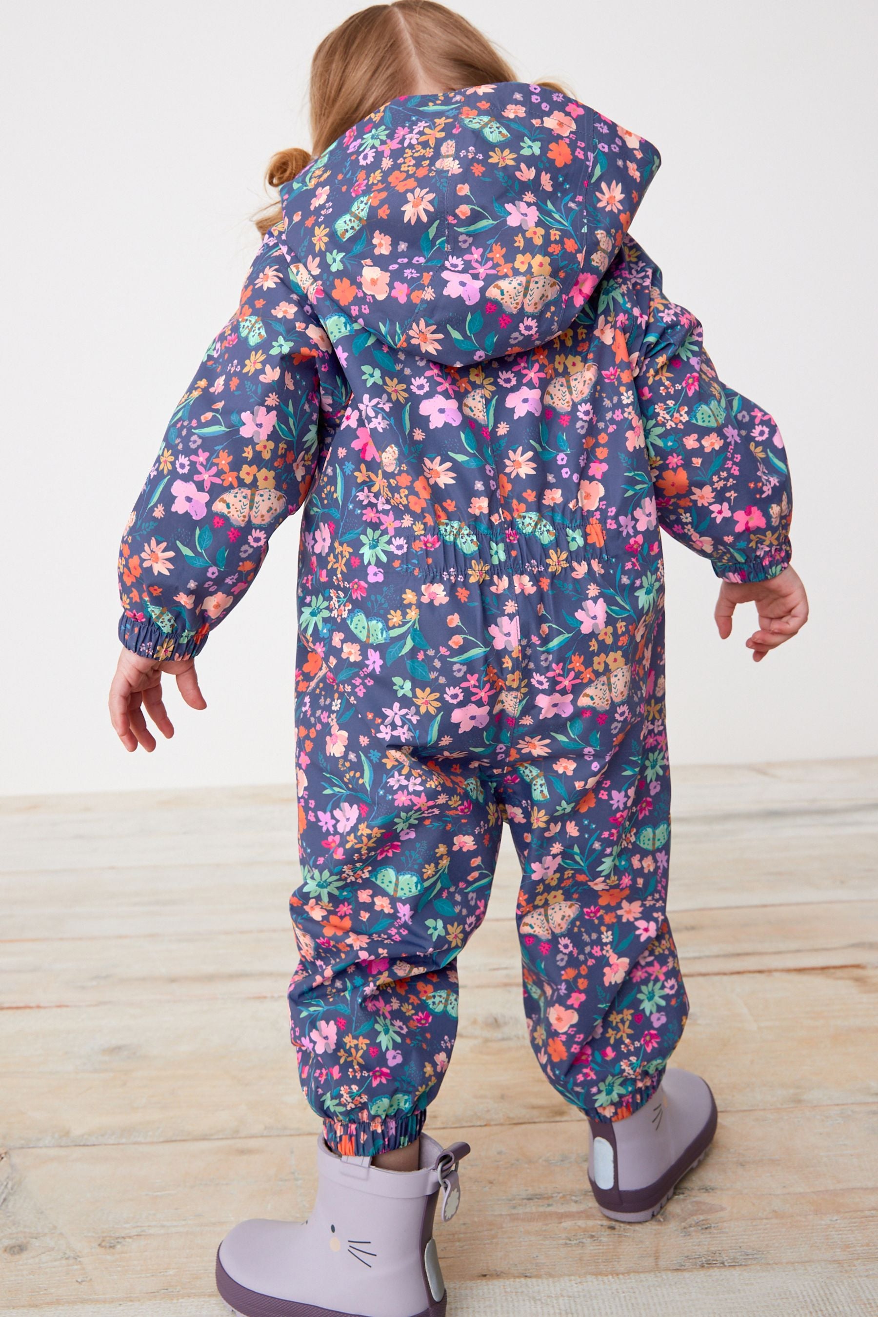 Navy Floral Waterproof Fleece Lined Printed Puddlesuit (3mths-7yrs)