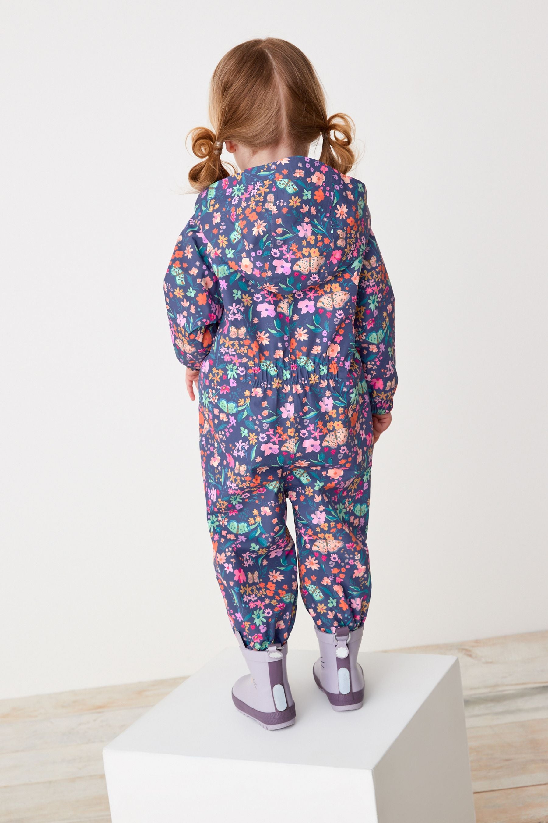 Navy Floral Waterproof Fleece Lined Printed Puddlesuit (3mths-7yrs)