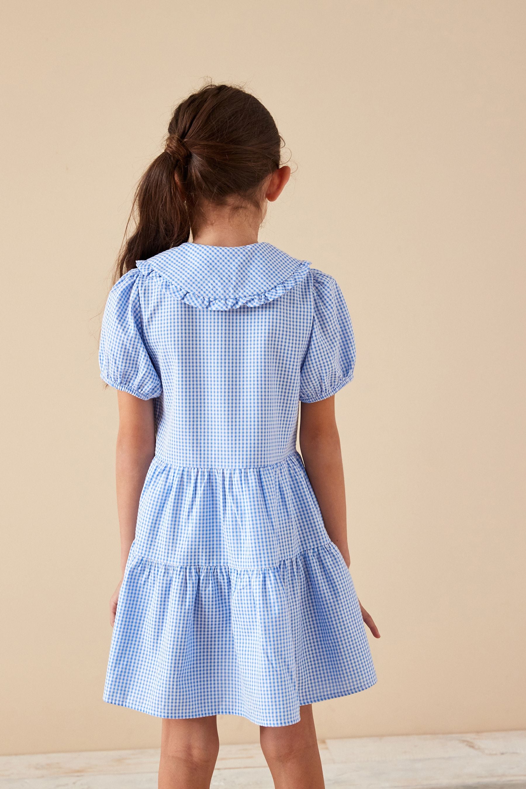 Blue Cotton Rich School Gingham Tiered Pretty Collar Dress (3-14yrs)