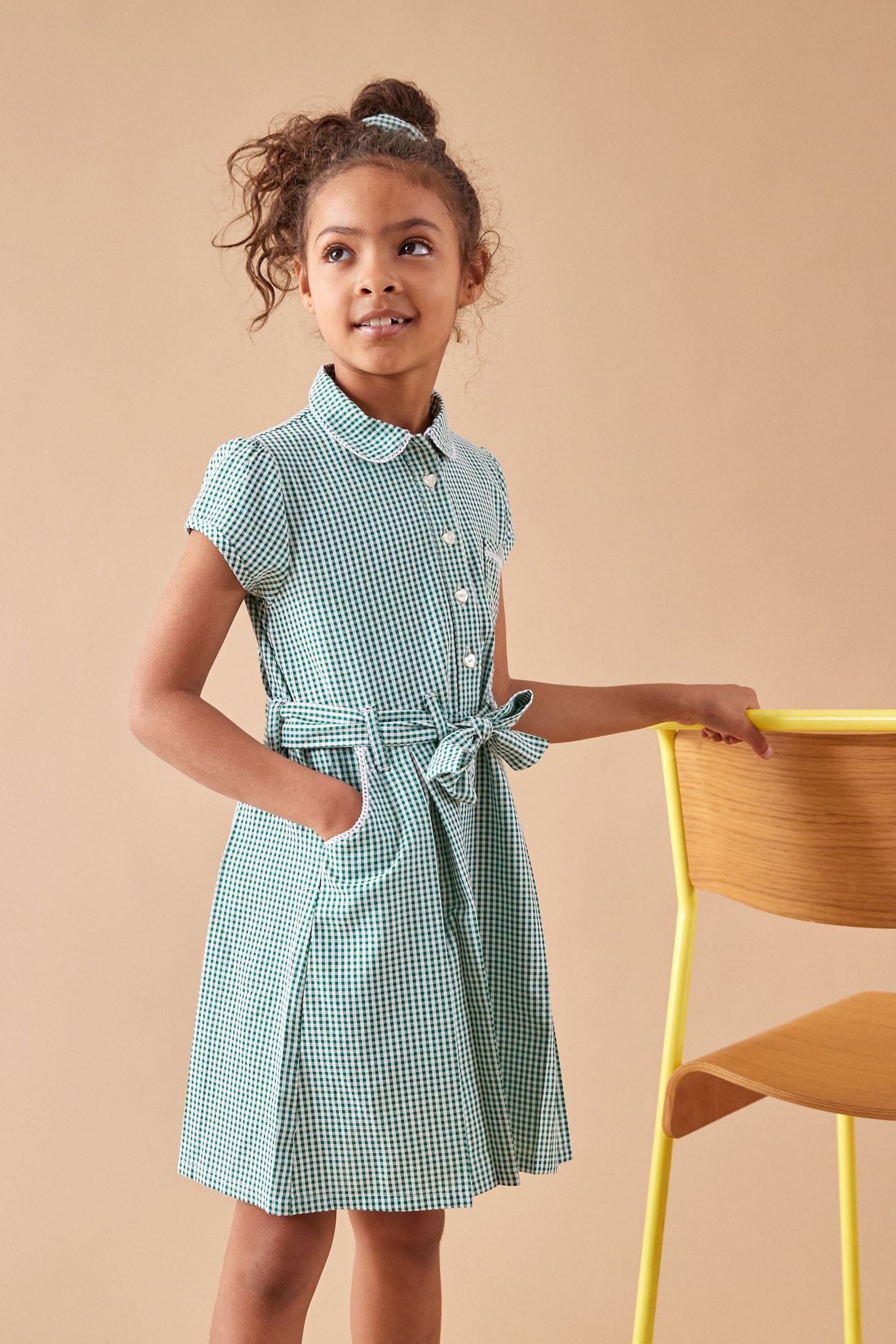 Green Cotton Rich Belted Gingham School Dress With Scrunchie 3