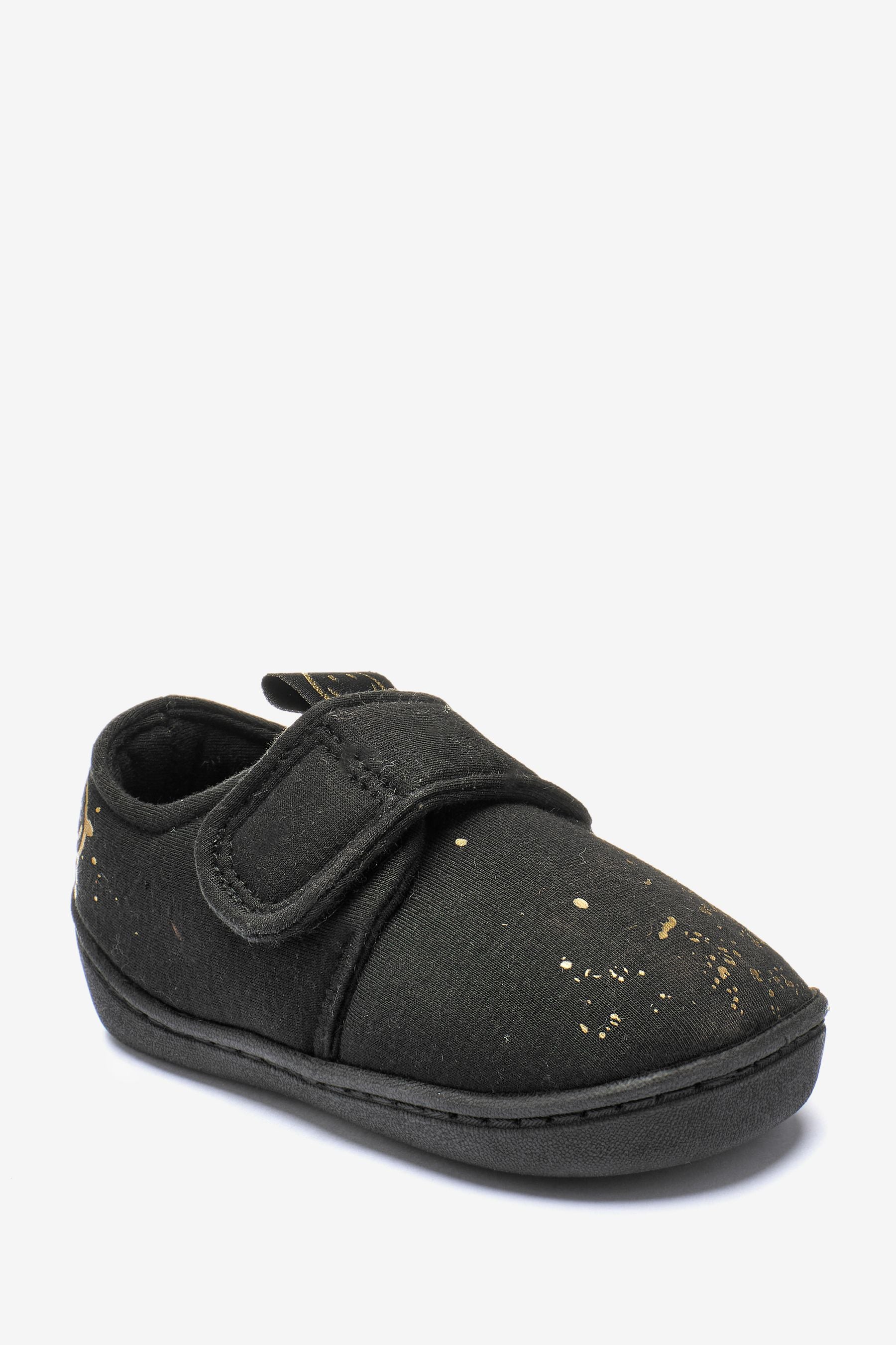 Black/Gold Smiley Splat Touch Fastening Cupsole Slippers