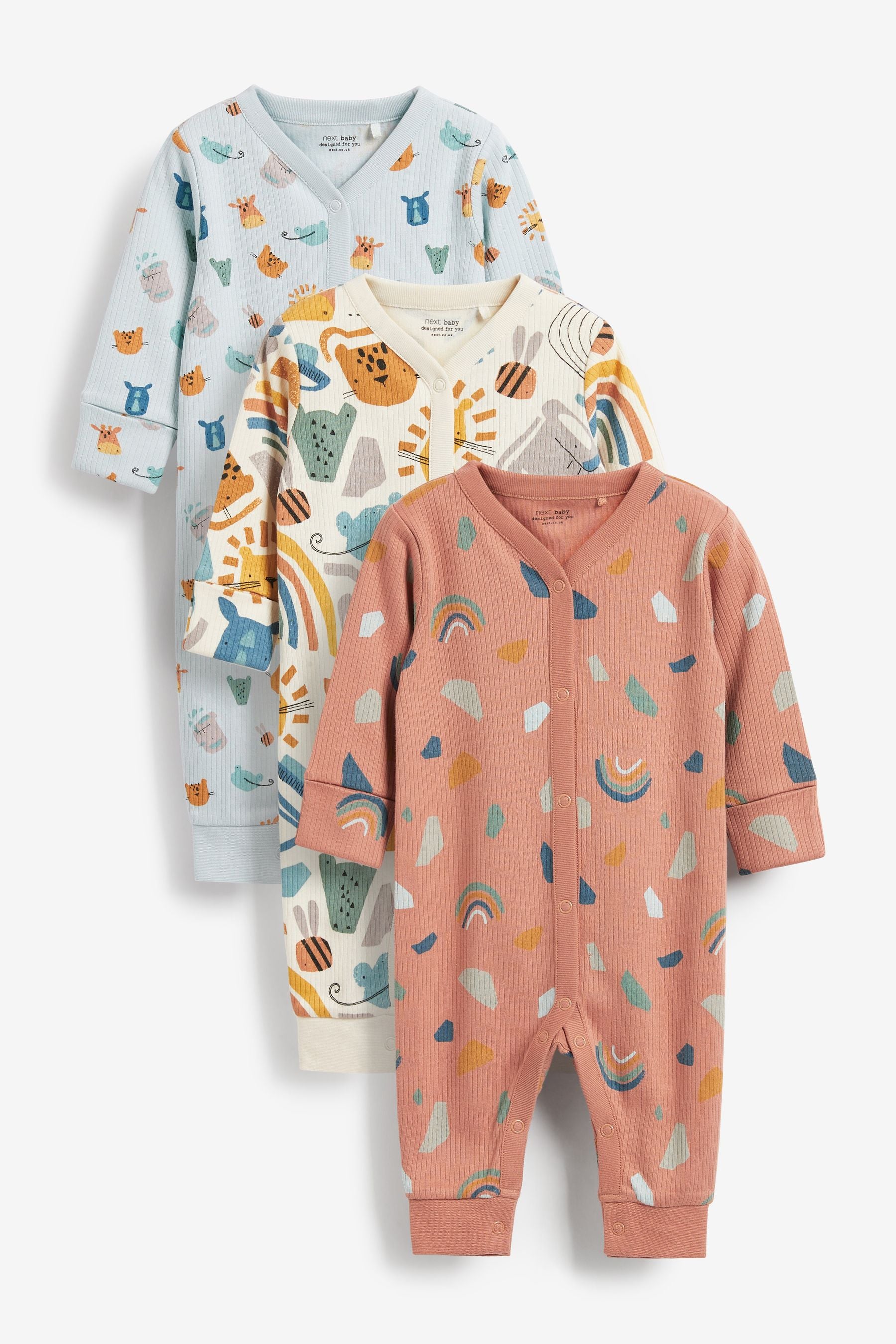 Blue Animal Rib Footless Sleepsuits 3 Pack (0mths-3yrs)