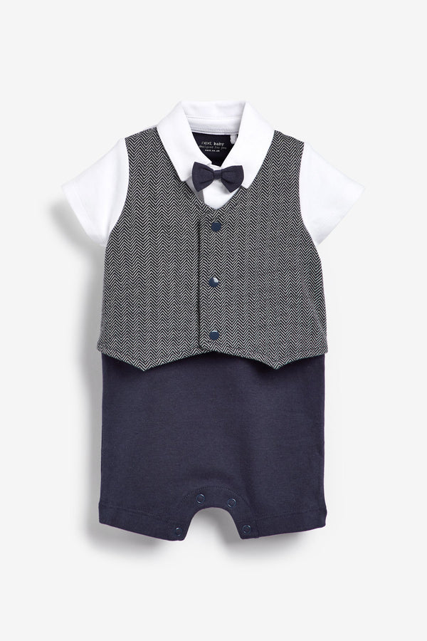 Grey/White Smart Bow Tie And Waistcoat Romper (0mths-2yrs)