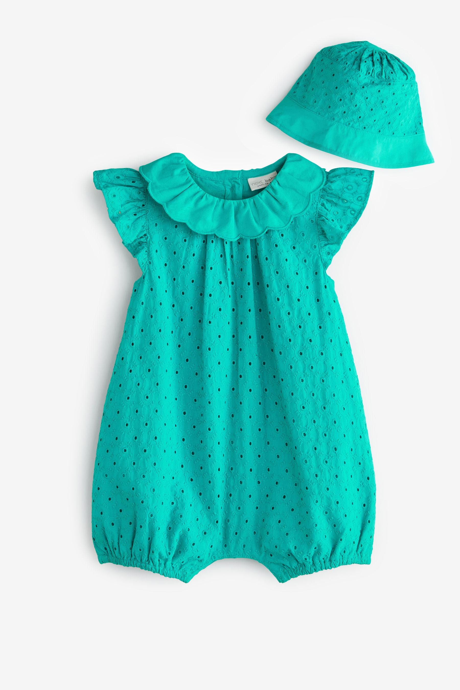 Teal Blue Baby 2 Piece Broidery Romper and Hat Set (0mths-2yrs)