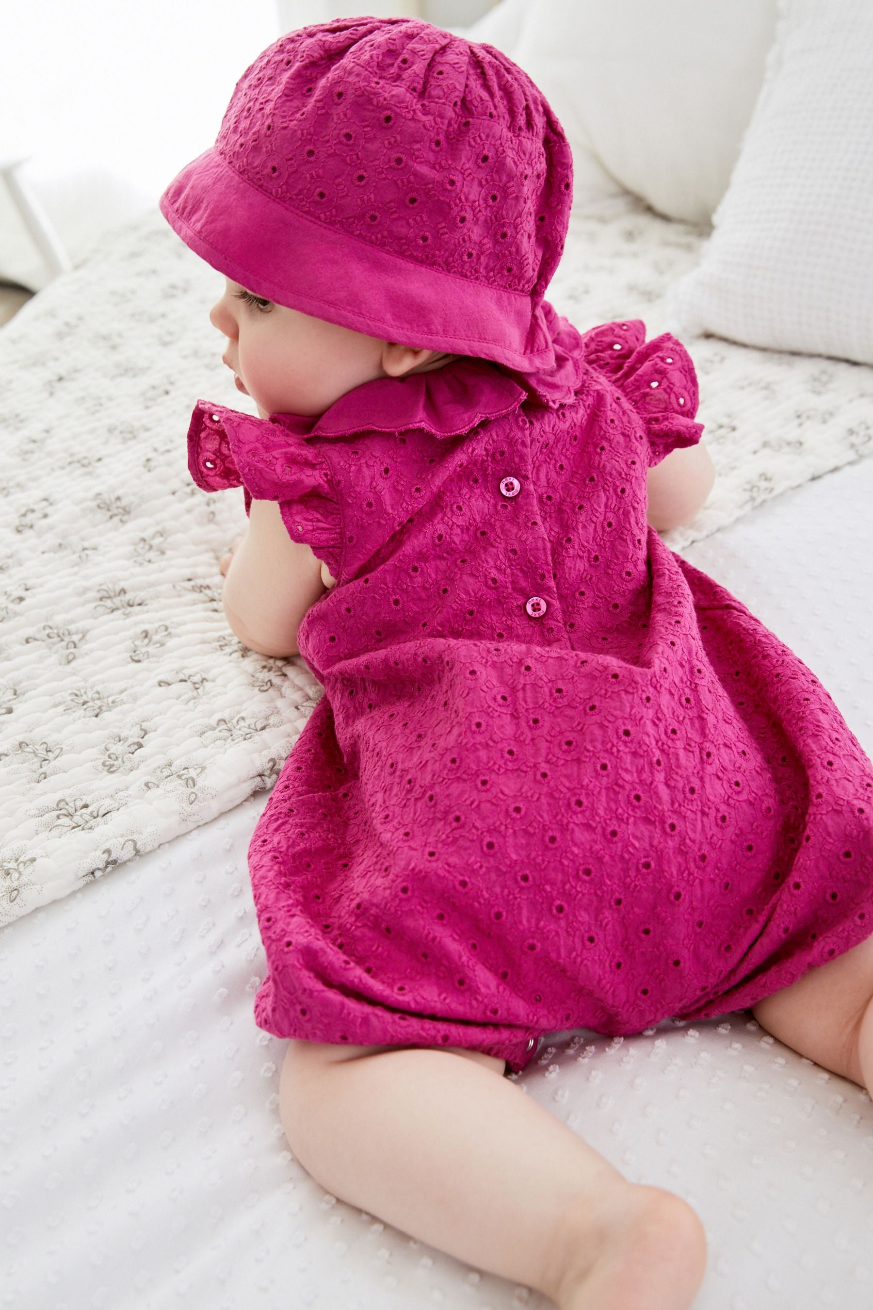 Raspberry Pink Baby 2 Piece Broidery Romper and Hat Set (0mths-2yrs)