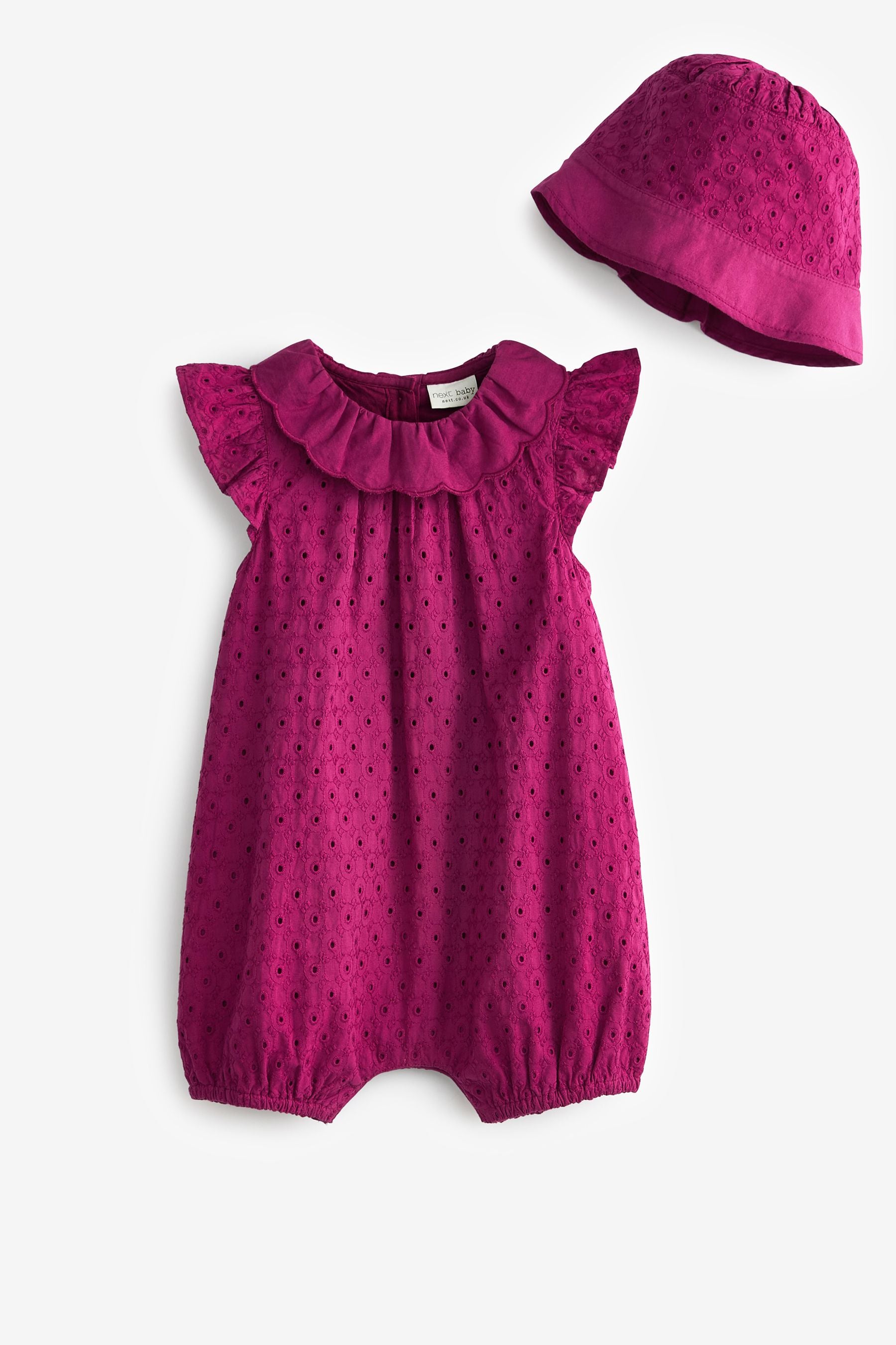 Raspberry Pink Baby 2 Piece Broidery Romper and Hat Set (0mths-2yrs)