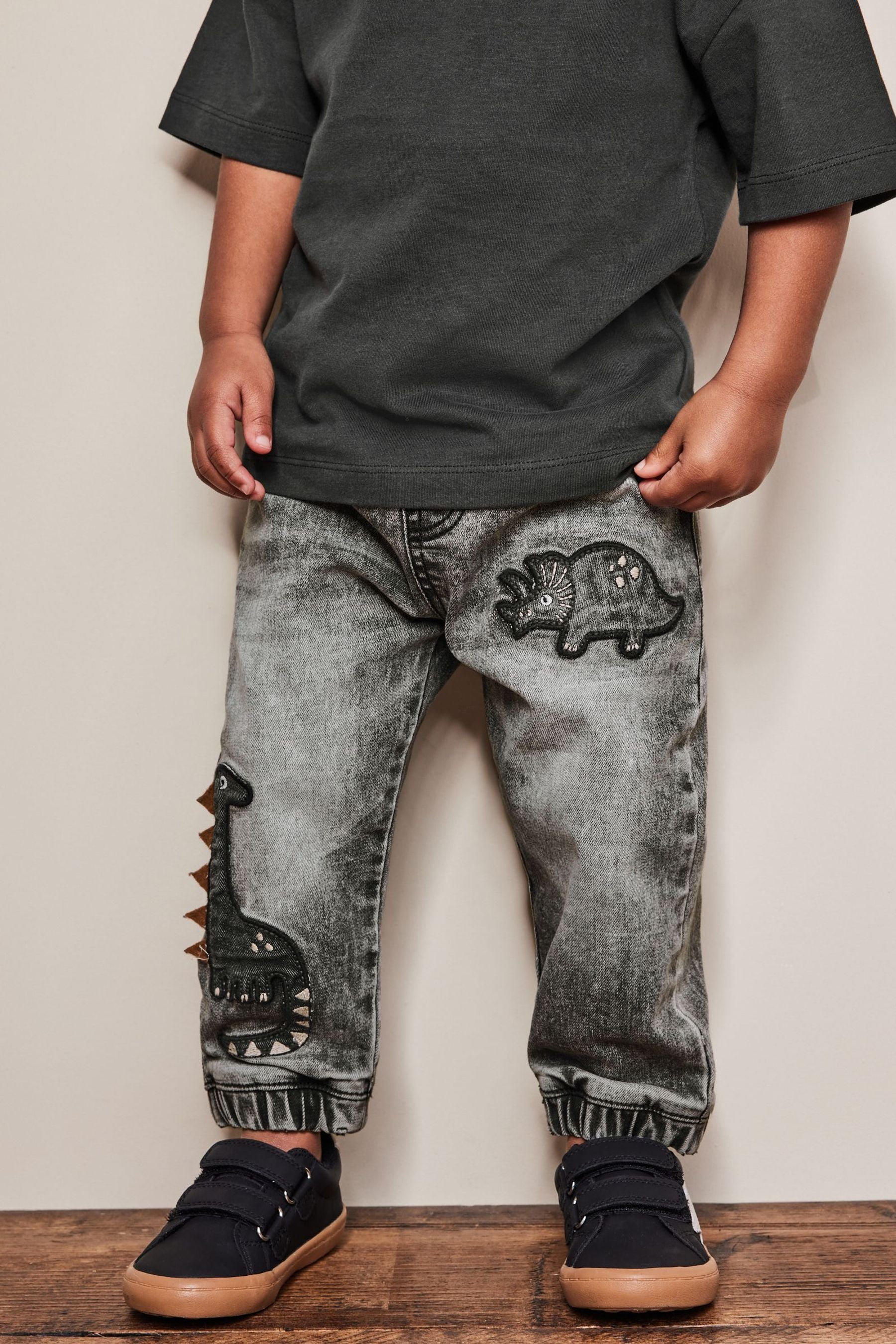 Grey Acid Wash Dinosaur Pull-On Jeans (3mths-7yrs)