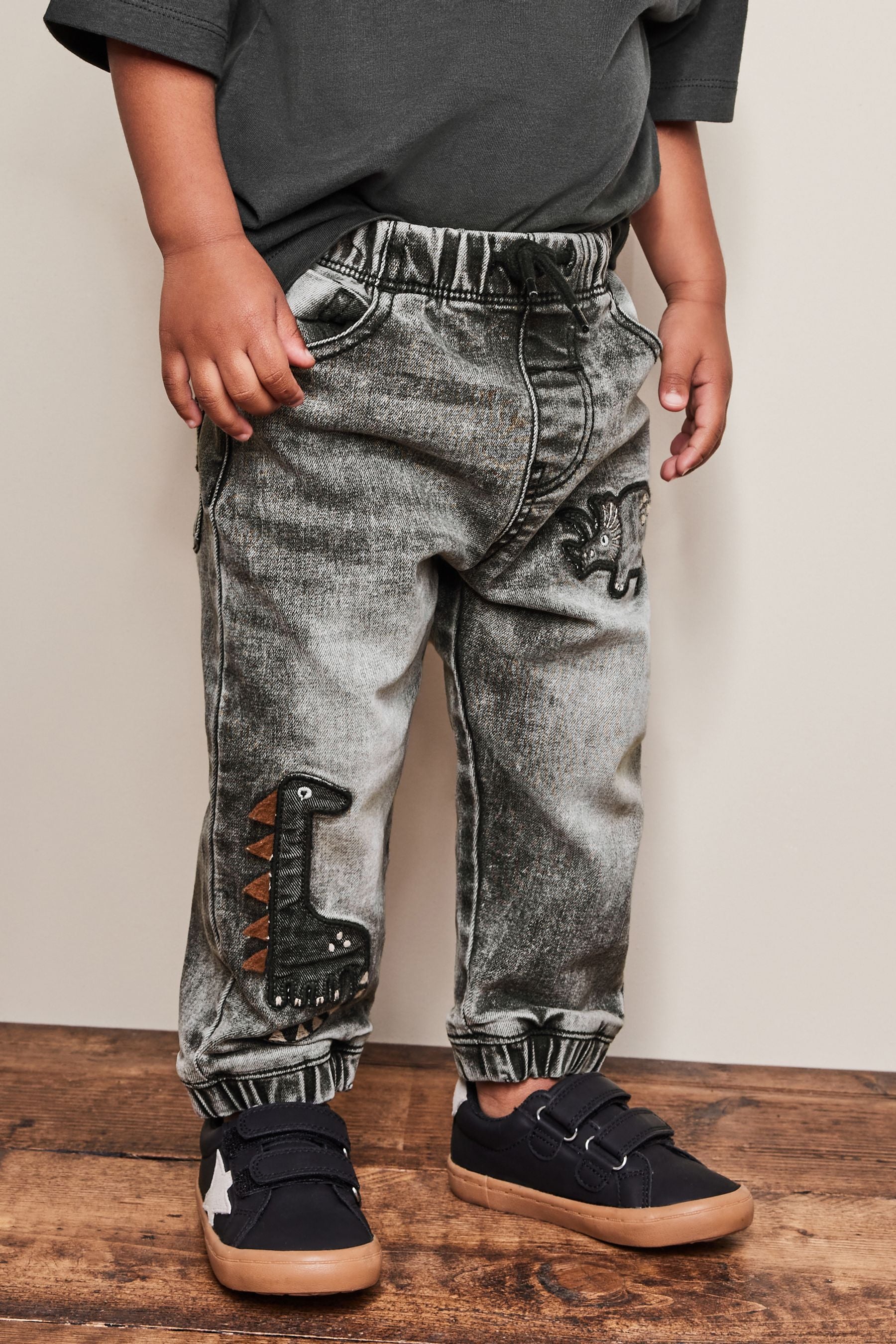 Grey Acid Wash Dinosaur Pull-On Jeans (3mths-7yrs)