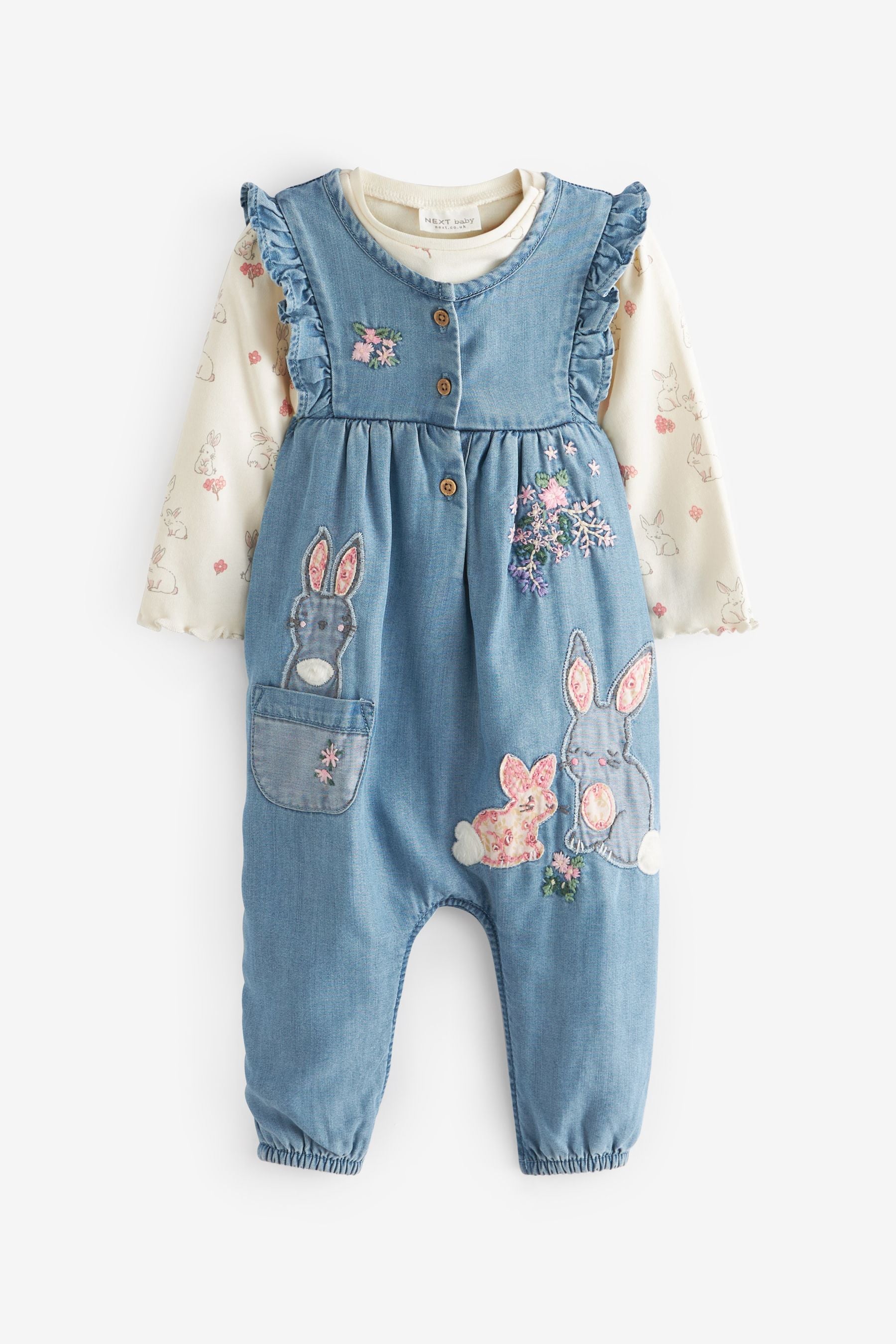 Blue Denim Bunny Appliqu Baby Dungarees With Matching Bodysuit (0mths-2yr