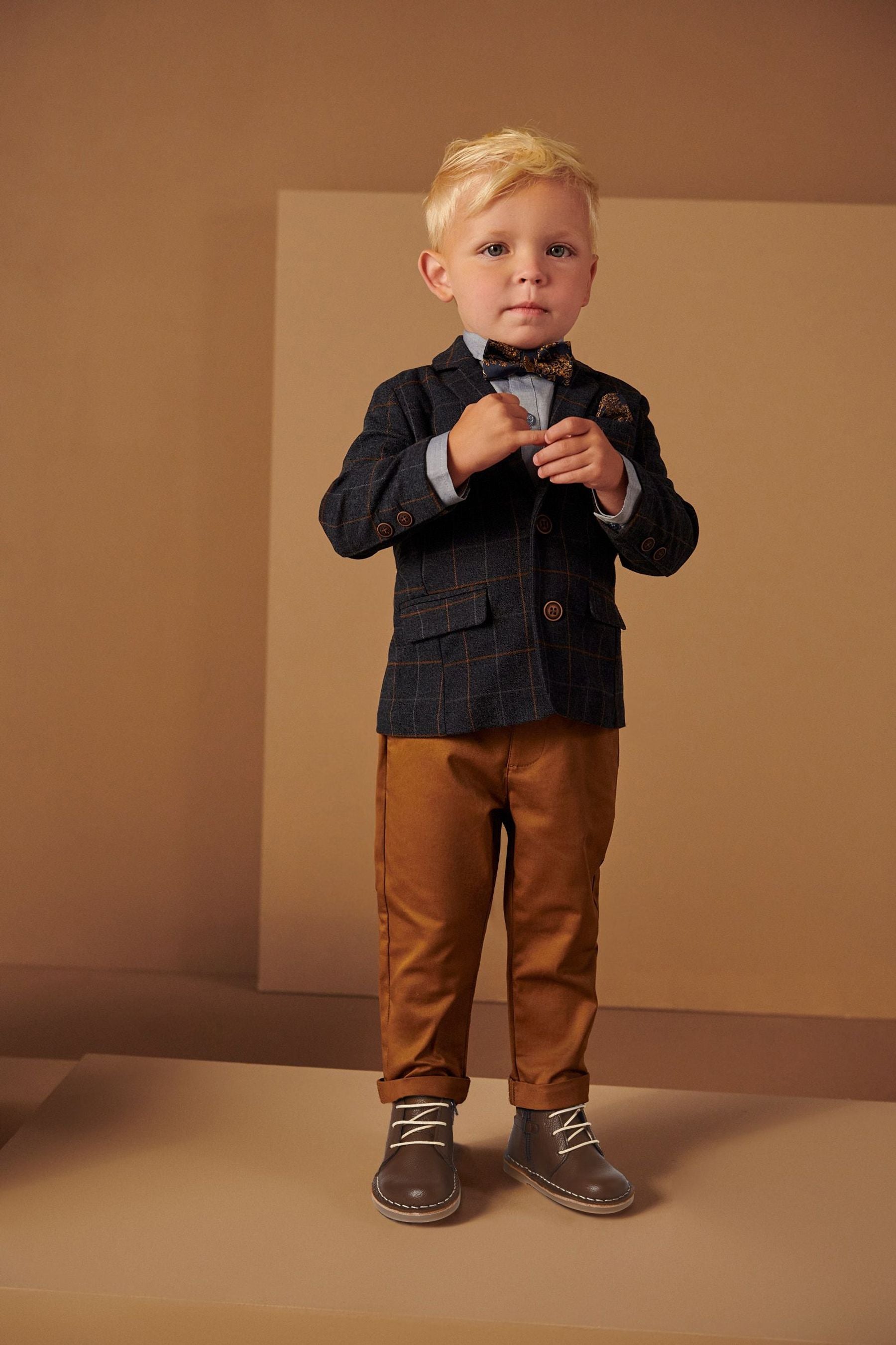 Navy Blue 4 Piece Heritage Check Blazer, Shirt, Trousers And Bow Tie Set (3mths-9yrs)