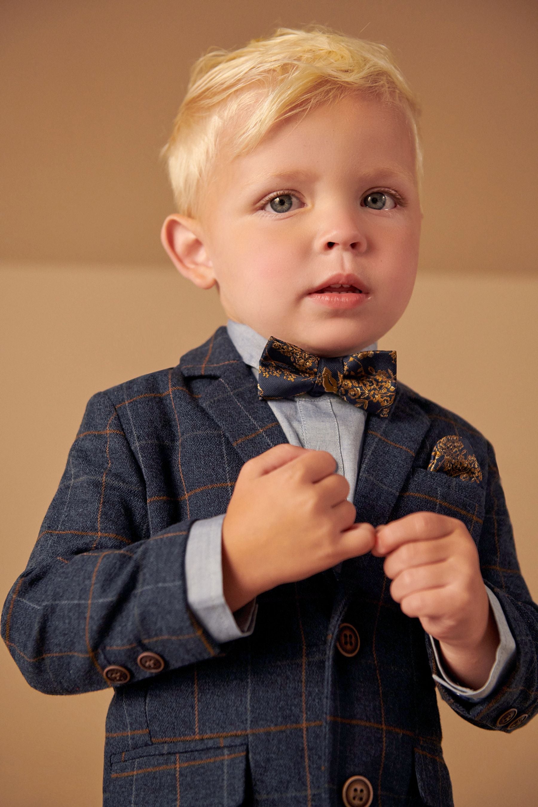 Navy Blue 4 Piece Heritage Check Blazer, Shirt, Trousers And Bow Tie Set (3mths-9yrs)