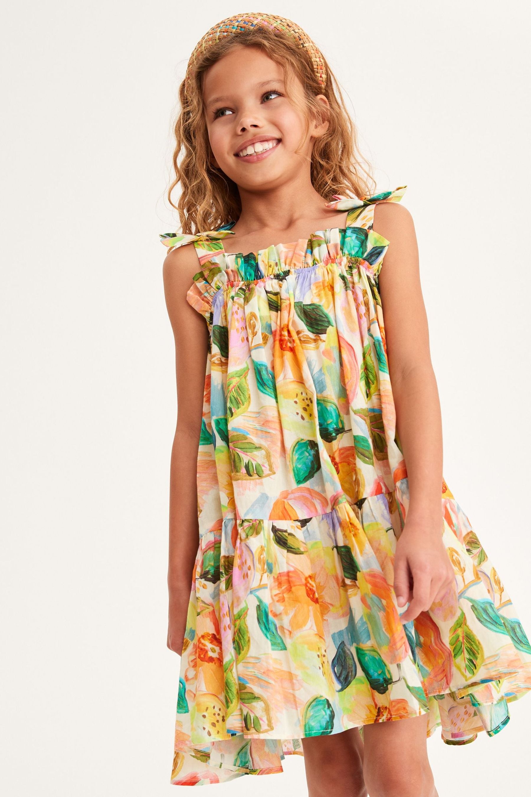 Pink Floral Tie Shoulder Printed Summer Dress (3-16yrs)