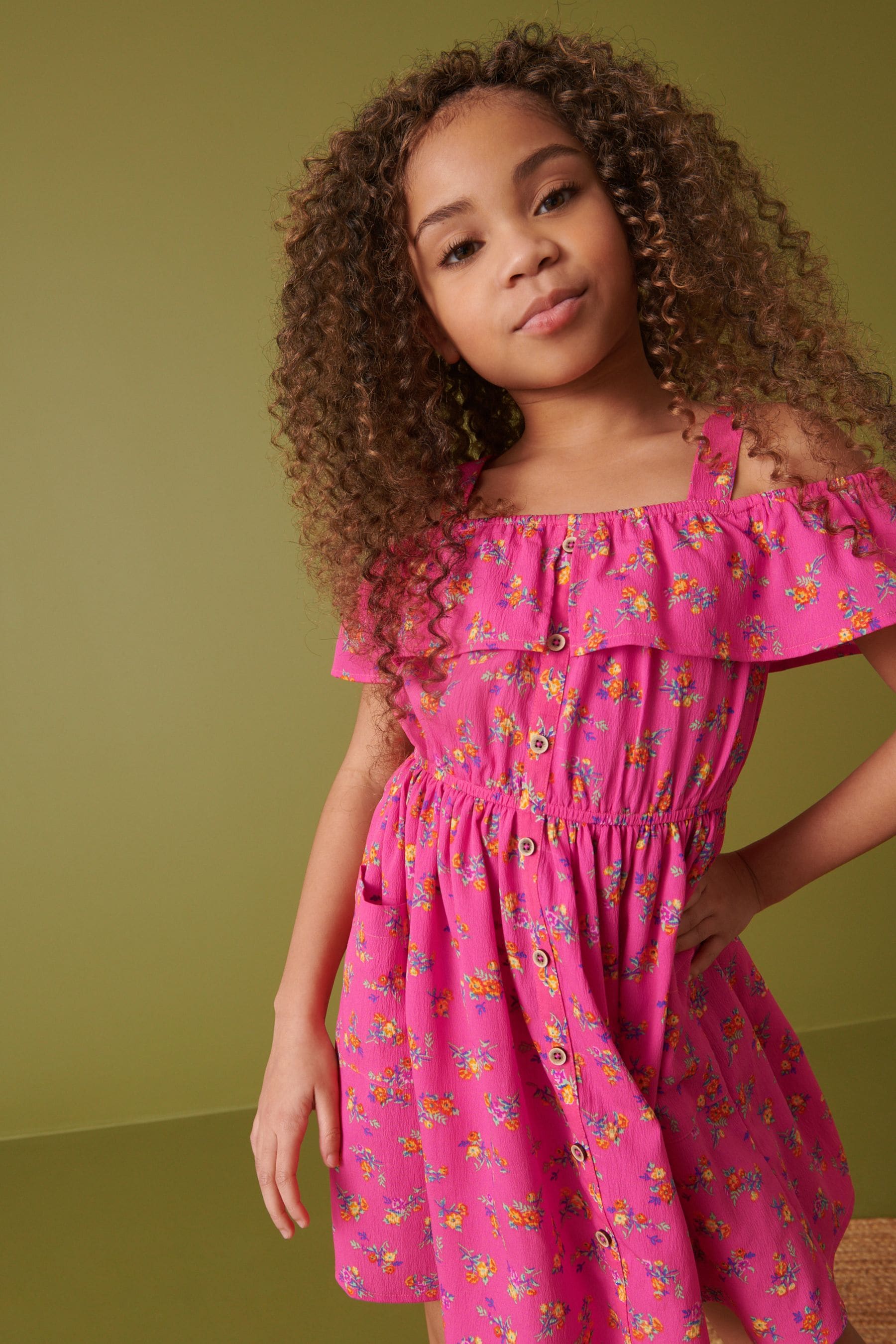 Pink Ditsy Printed Cold-Shoulder Dress (3-16yrs)