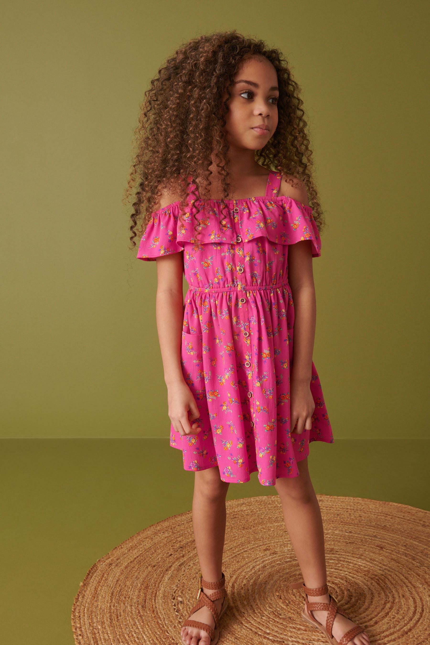 Pink Ditsy Printed Cold-Shoulder Dress (3-16yrs)