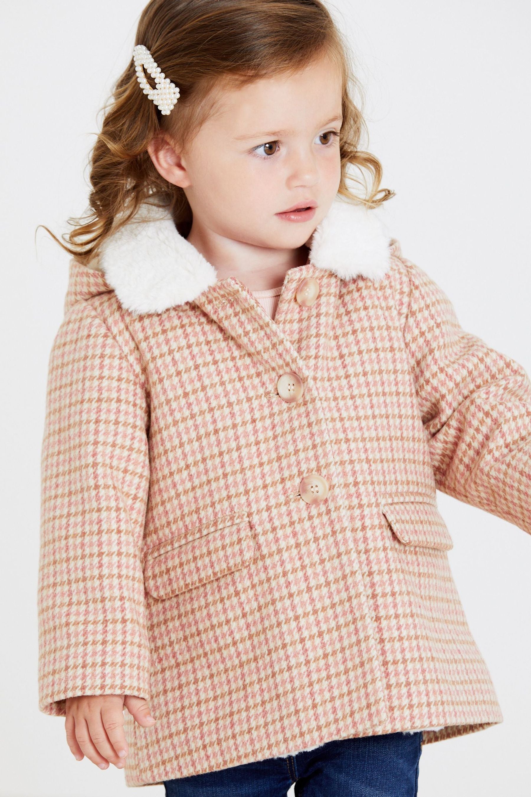 Pink/Cream Heritage Check Teddy Borg Lined Coat With Wool Mix (3mths-7yrs)