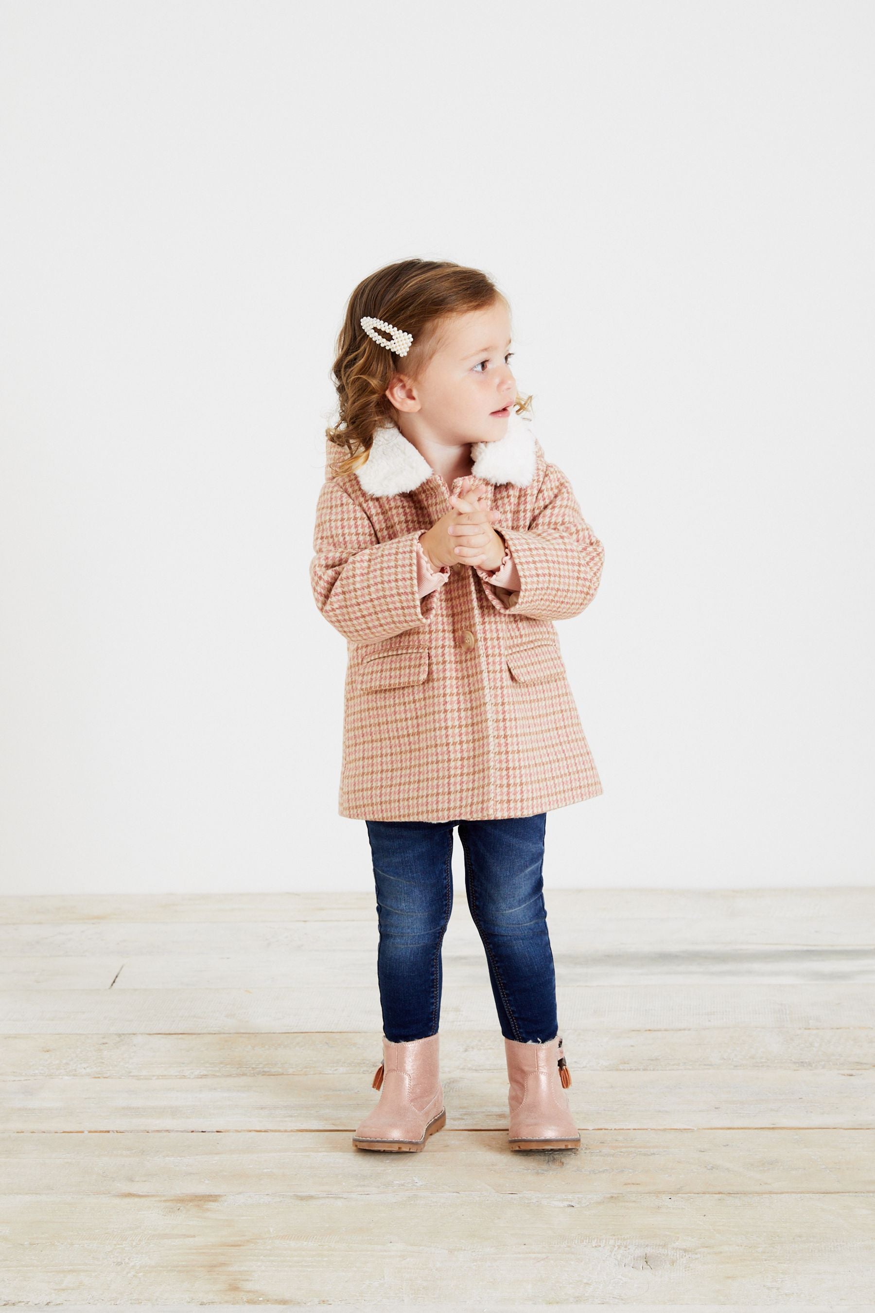 Pink/Cream Heritage Check Teddy Borg Lined Coat With Wool Mix (3mths-7yrs)