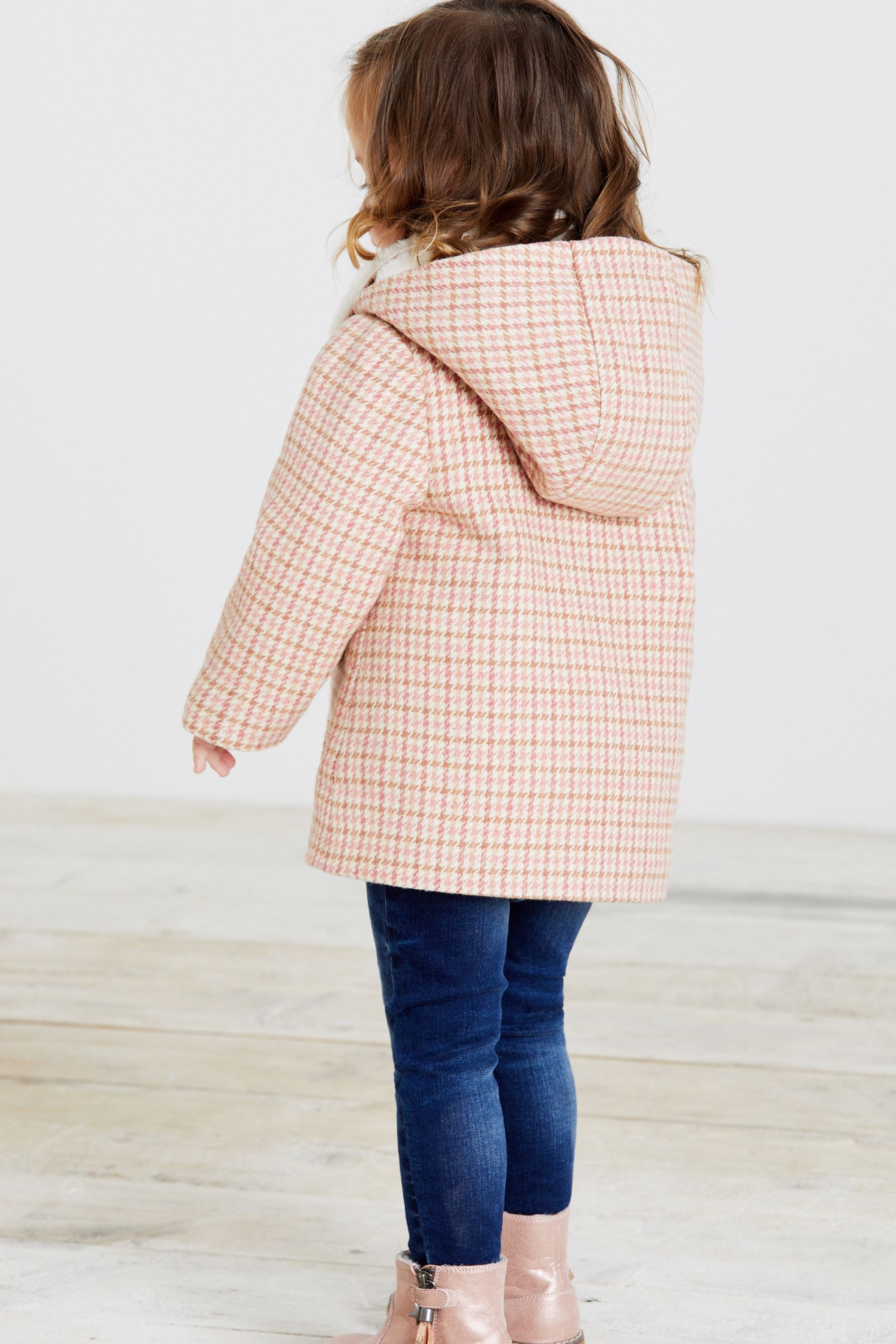 Pink/Cream Heritage Check Teddy Borg Lined Coat With Wool Mix (3mths-7yrs)