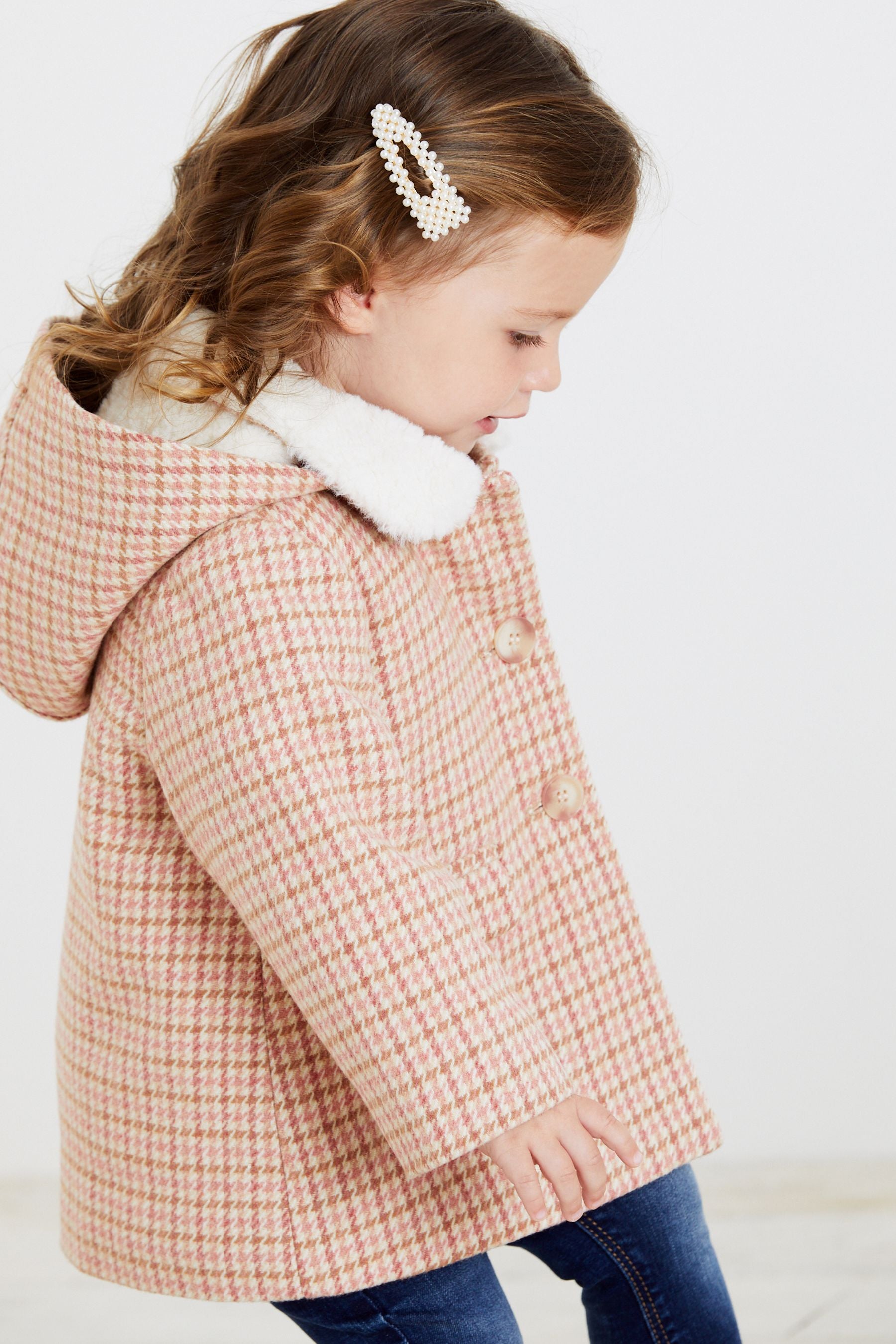 Pink/Cream Heritage Check Teddy Borg Lined Coat With Wool Mix (3mths-7yrs)