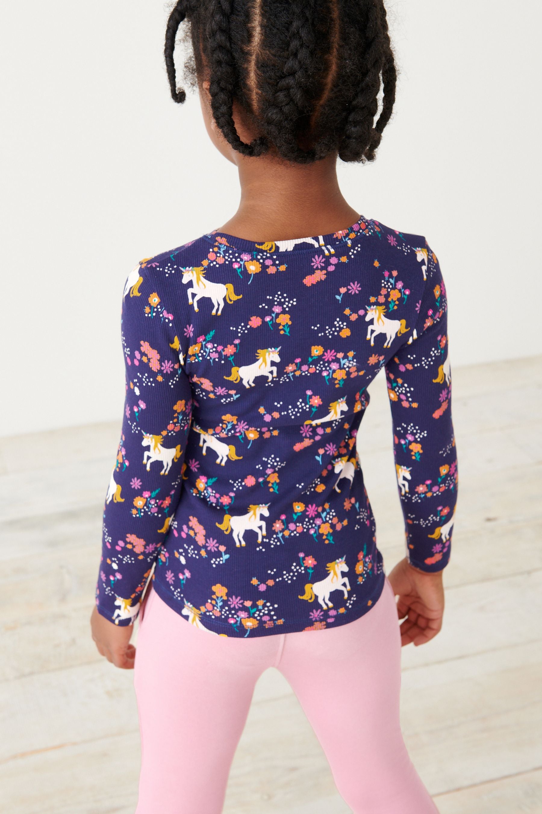 Navy Unicorn Ribbed Long Sleeve Top (3-16yrs)