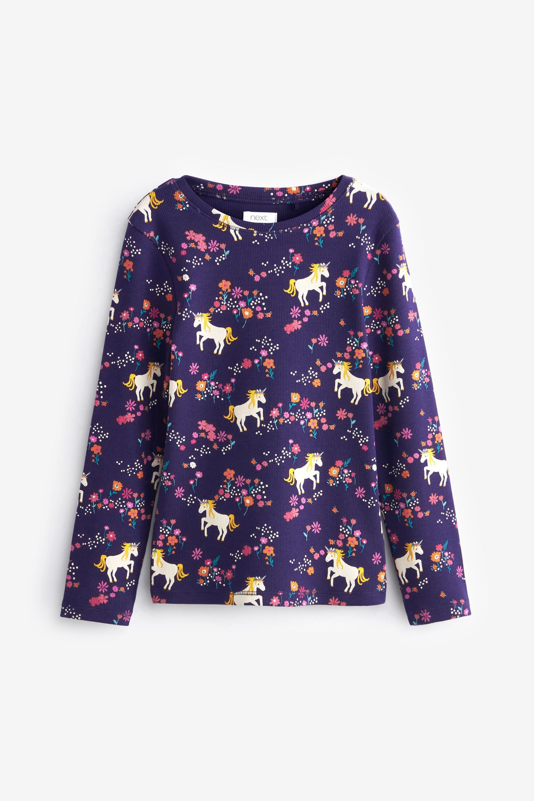 Navy Unicorn Ribbed Long Sleeve Top (3-16yrs)