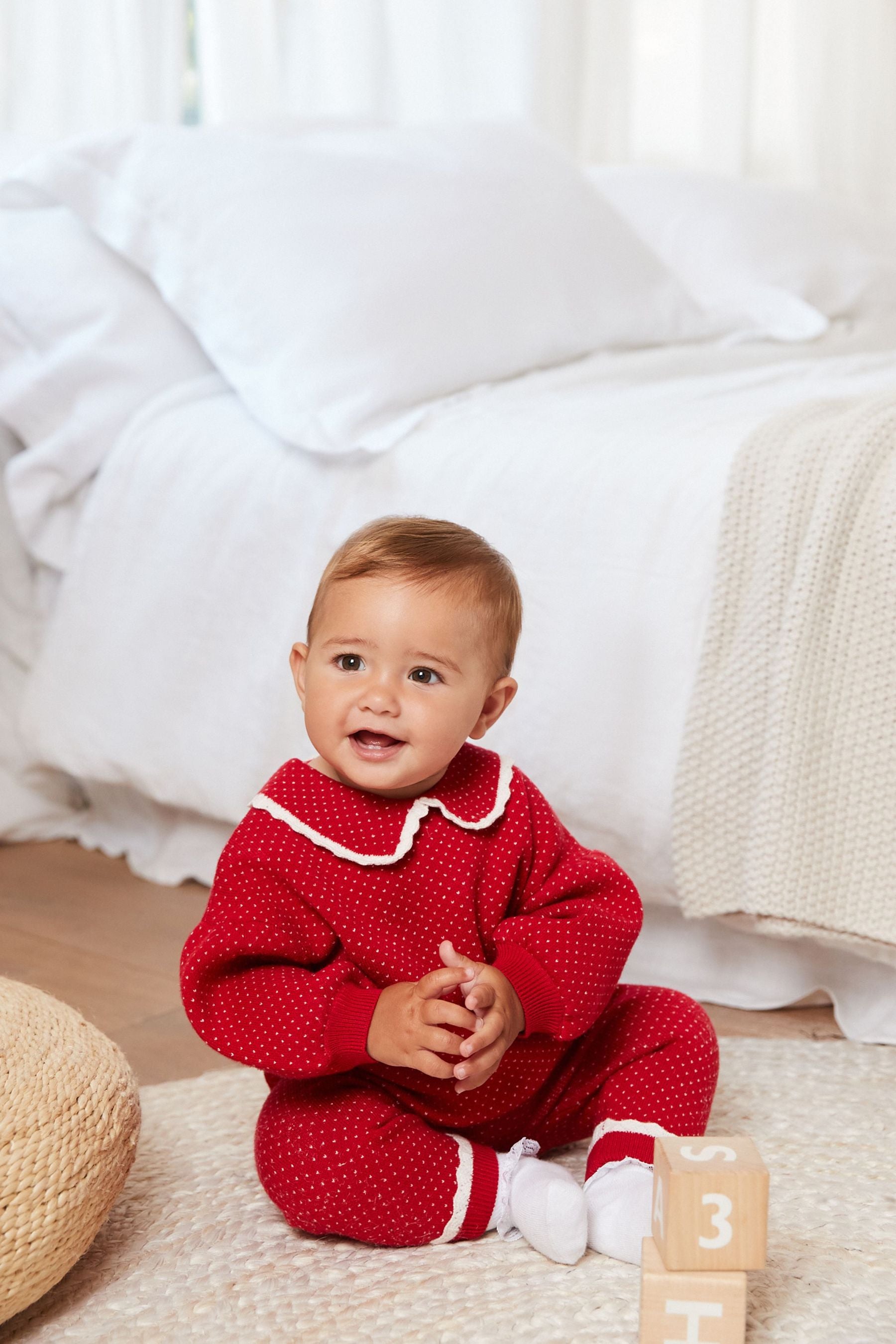 Red Two Piece Knitted Baby Collared Top And Leggings Set (0mths-2yrs)