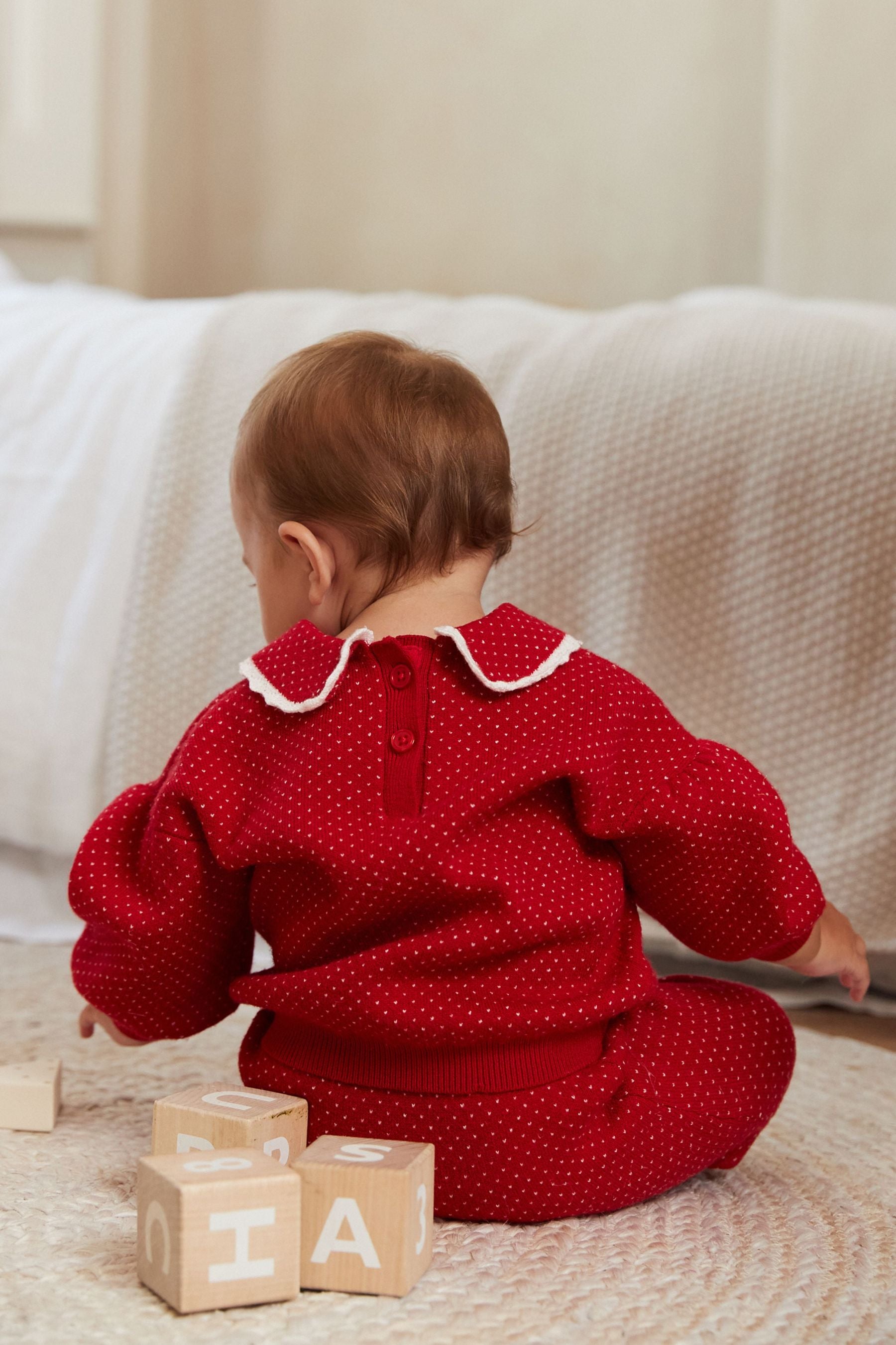 Red Two Piece Knitted Baby Collared Top And Leggings Set (0mths-2yrs)