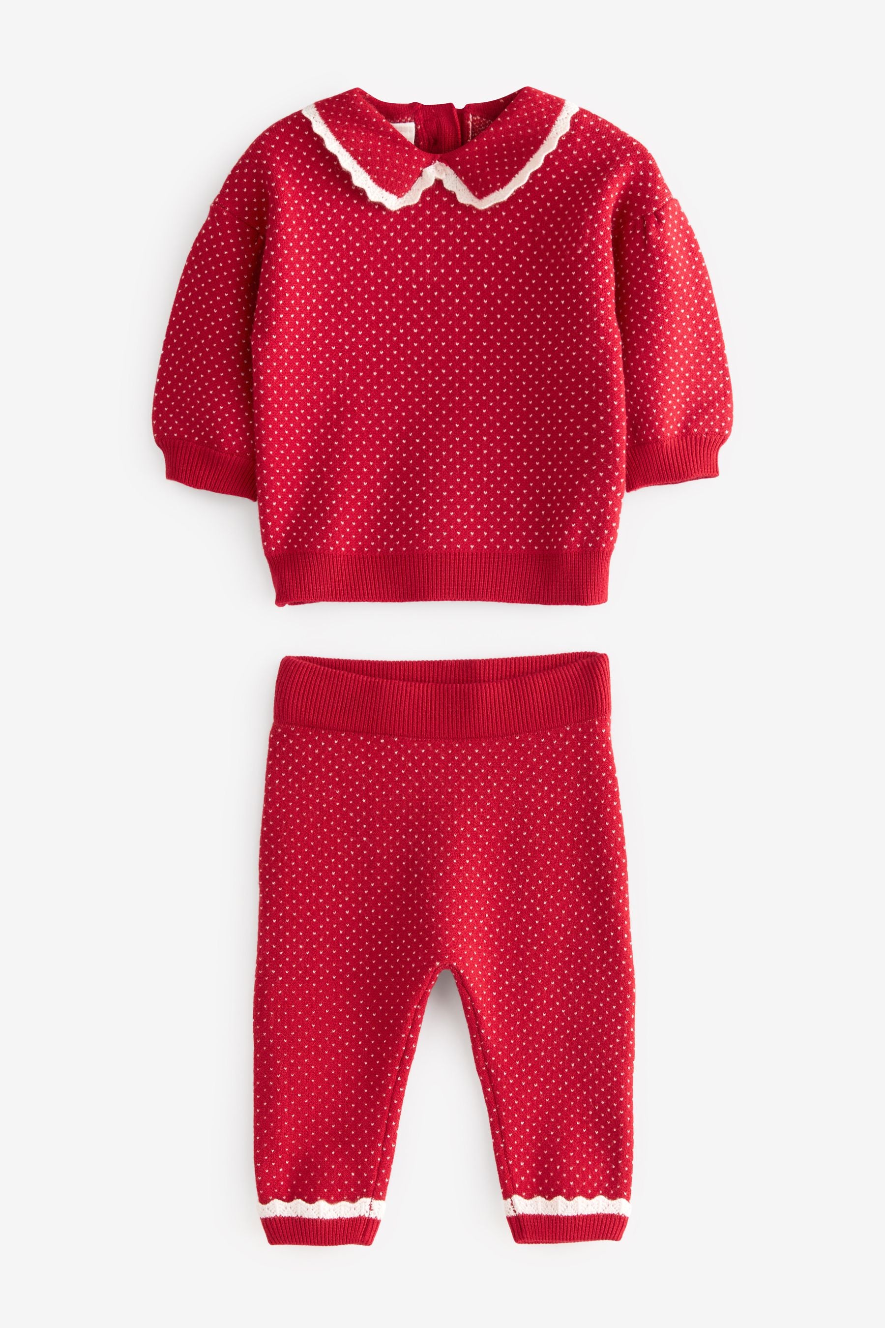 Red Two Piece Knitted Baby Collared Top And Leggings Set (0mths-2yrs)