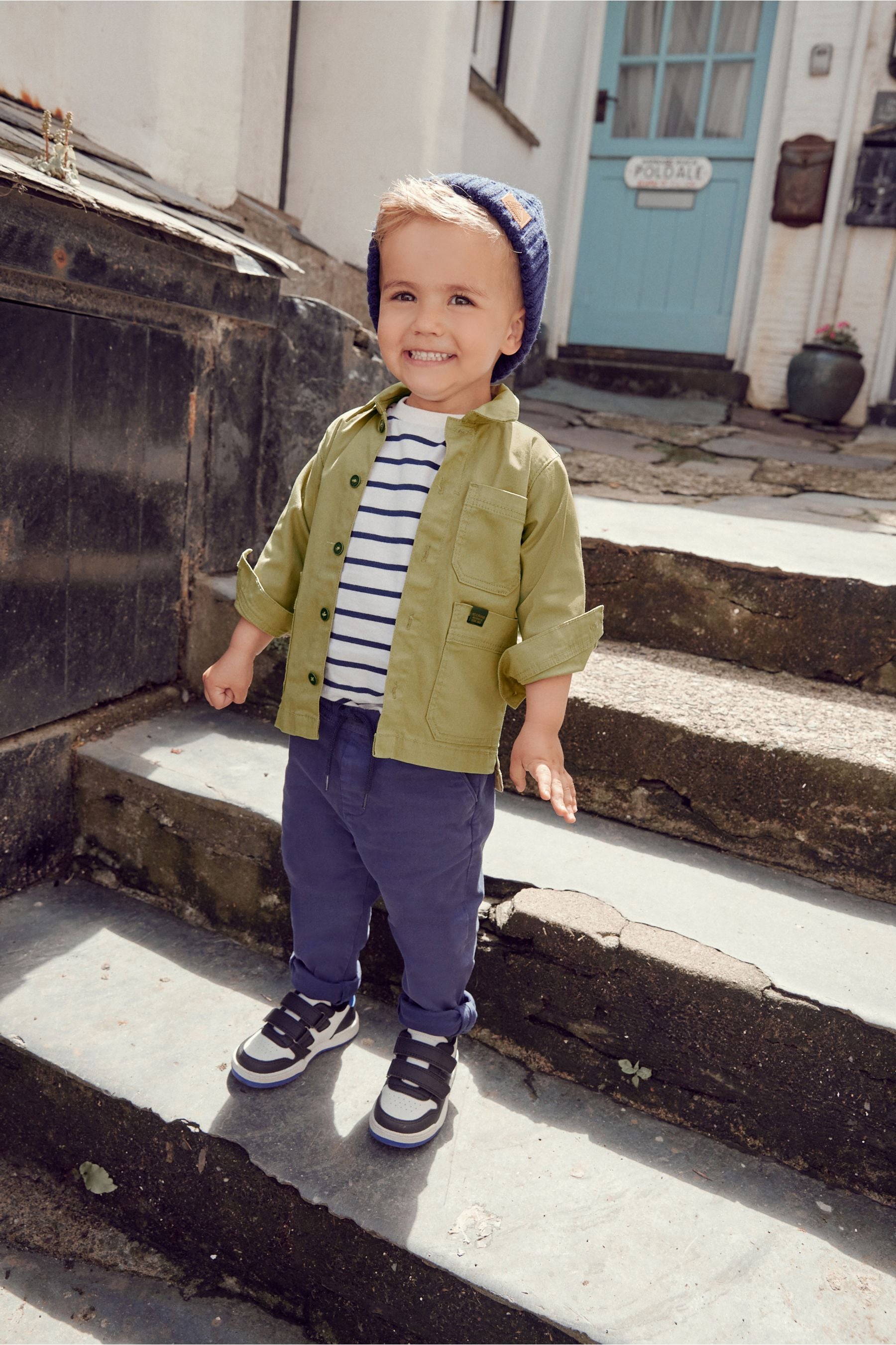 Olive Green Shacket, Stripe T-Shirt And Navy Trouser Set (3mths-9yrs)