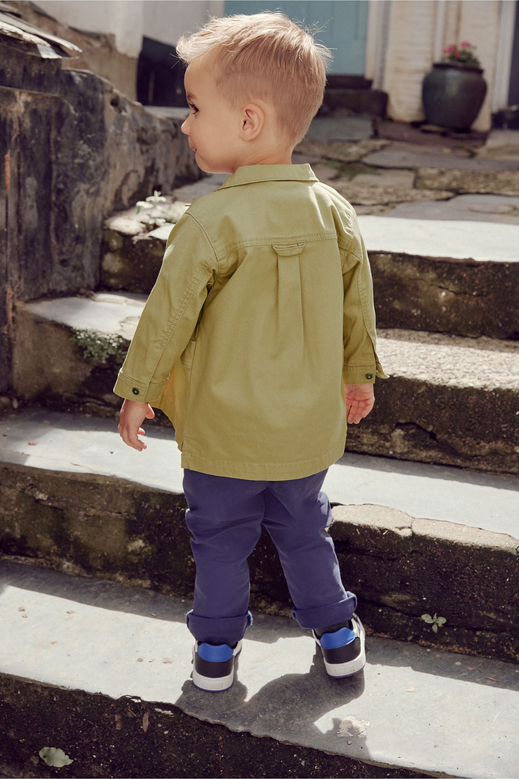 Olive Green Shacket, Stripe T-Shirt And Navy Trouser Set (3mths-9yrs)