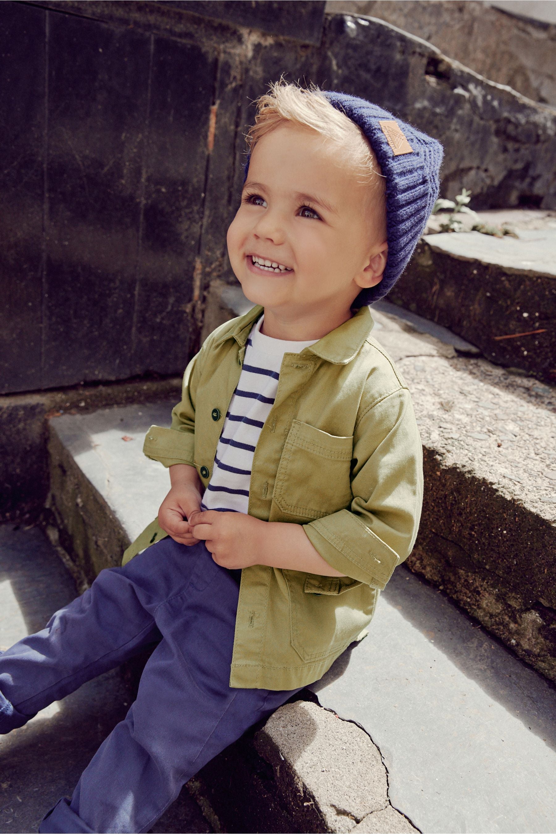 Olive Green Shacket, Stripe T-Shirt And Navy Trouser Set (3mths-9yrs)